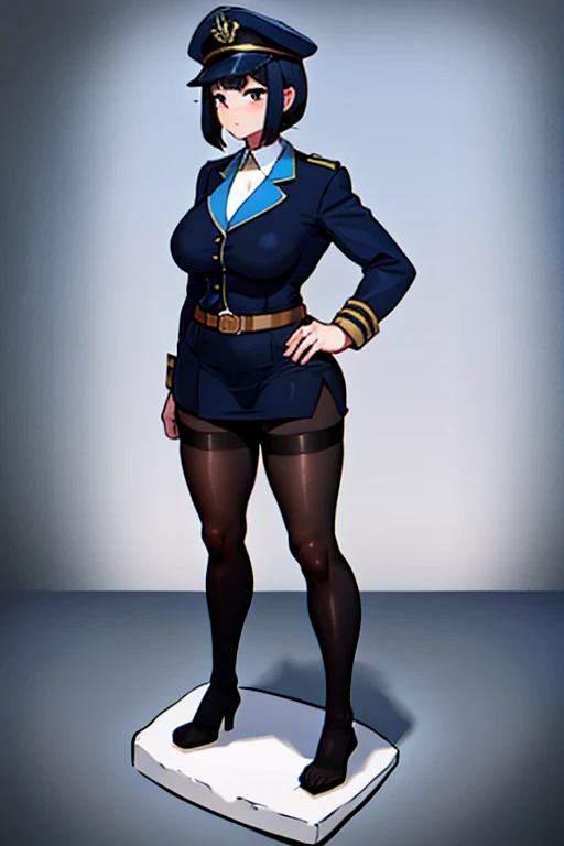 masterpiece, high quality, very_high_resolution, large_filesize, anime, perfect anatomy,

 1girl, (solo), standing, full body,
BREAK
pale skin, white skin,
BREAK
(black hair), shiny hair, short hair,
BREAK
red eyes,
BREAK
lanky, scrawny, slender body, busty,
BREAK
blue military uniform, blue pencil skirt, blue garrison cap,
BREAK
black gloves, black garter belt, black knee-high socks, black high-heels,
BREAK
white blouse,
BREAK
natural make up,

 white background, plain background,