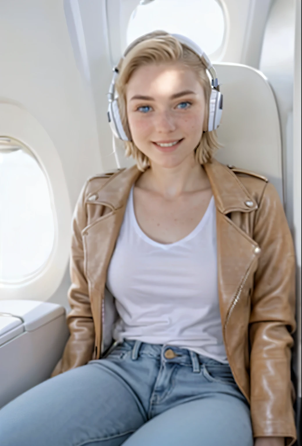A 21-year-old girl named Kate, with short blonde hair, beautiful medium-sized breasts, height of 1.60m, white British style, light blue eyes. Kate is beautiful, with an angelic face, and has freckles in the nose area. She is wearing a beige leather women's jacket with a white shirt, very light jeans, and white sneakers. Kate is wearing modern white headphones. She is sitting in an airplane seat, slightly looking to the side at the camera. Kate is happy. The image should be in HD thumbnail format for YouTube.