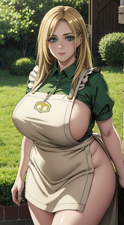Cute girl, medium breast, MILF, thigh legs, Long blonde hair, hair over shoulder, green eyes, (Wearing flesh-colored fabrics) , white apron, fat girl, fat shaped body, ultra realistic squinting sexy eyes , fat arms, kitchen apron , standing, thigh legs, green colour eyes, ultra realistic detailed shiny green eyes, beautiful and perfect face, sunlight and garden background, blonde hair, bright green colour eyes