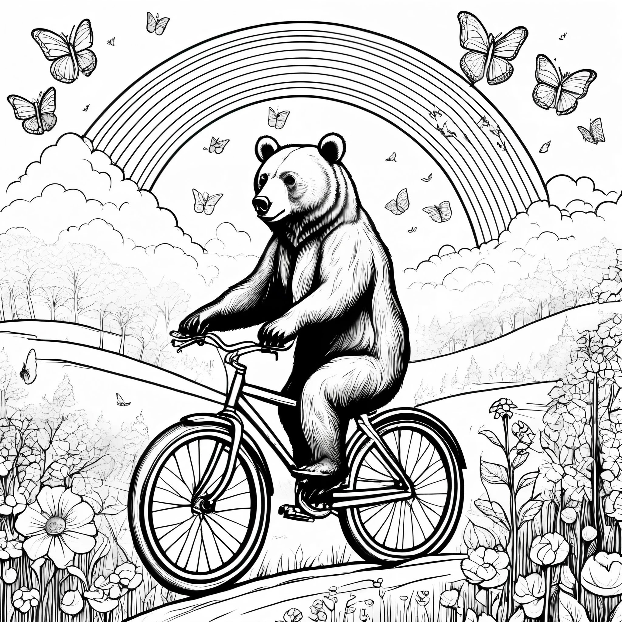  Bear coloring pages, a whimsical bear riding a bicycle through a meadow with butterflies and birds, in a fantastical landscape with rolling hills and a rainbow in the sky, joyful and magical feeling with a dreamy palette, Illustration, digital art with a storybook style, --ar 9:16 --v 5