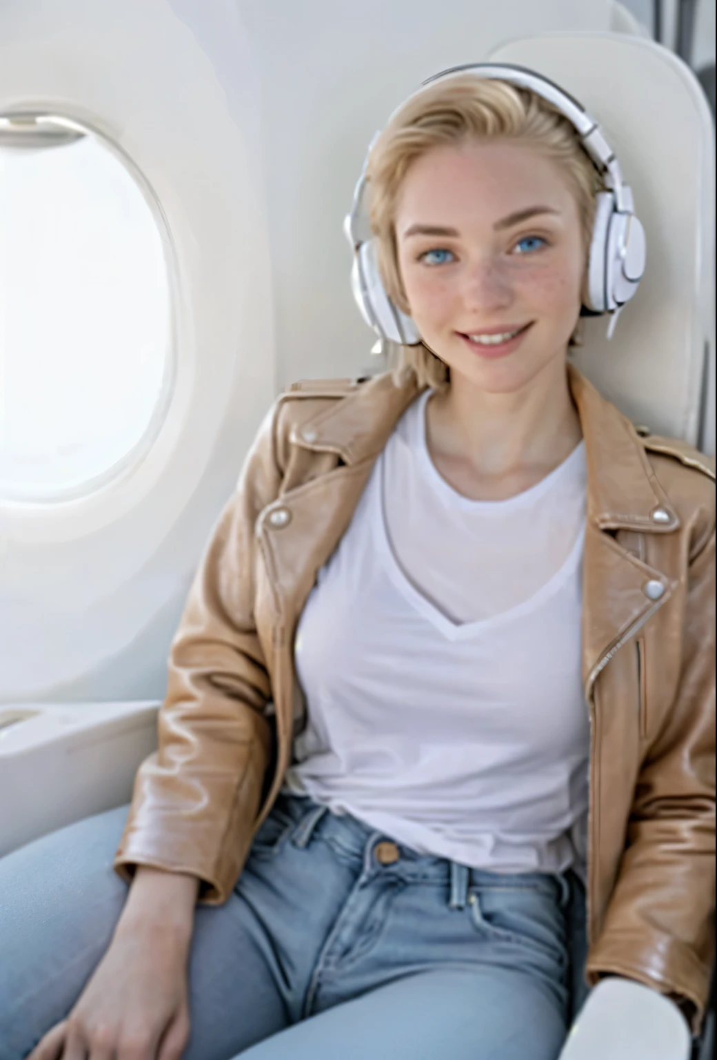 A 21-year-old girl named Kate, with short blonde hair, beautiful medium-sized breasts, height of 1.60m, white British style, light blue eyes. Kate is beautiful, with an angelic face, and has freckles in the nose area. She is wearing a beige leather women's jacket with a white shirt, very light jeans, and white sneakers. Kate is wearing modern white headphones. She is sitting in an airplane seat, slightly looking to the side at the camera. Kate is happy.