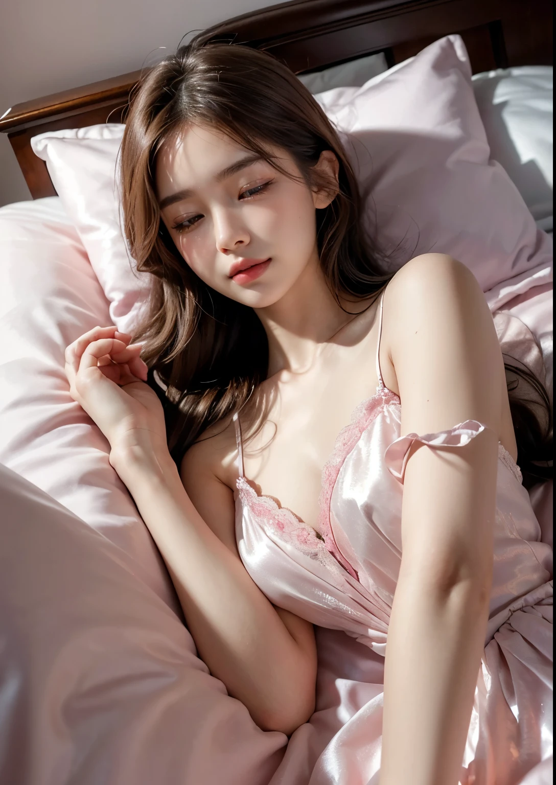 15 year old korean girl sleeping,beautiful detailed hair,((closed eyes when sleeping)0,beautiful detailed lips,extremely detailed face and skin,long eyelashes,detailed hair,pink silk nightgown,pink bedroom interior,luxury pink bedroom,pink floral bedsheets,pink silk curtains,pink crystal chandelier,warm ambient lighting,cinematic lighting,photorealistic,masterpiece,best quality,8k,ultra-detailed,vivid colors,soft focus,intricate details, beautiful face, realistic face, realistic skin, realistic smile, beautiful bright soft thighs, slender girl, realistic atmosphere, every thing is realistic, cutest smile, realistic body, realistic body language, mouth watering beauty, ((sleeping on bed)), upper body shot, cute face, stylish look, stylish angles, tempting eyes, realistic hands, realistic arms, realistic hand fingers, realistic legs, ((laydown on bed)),Side position, arms out (The Yearner),