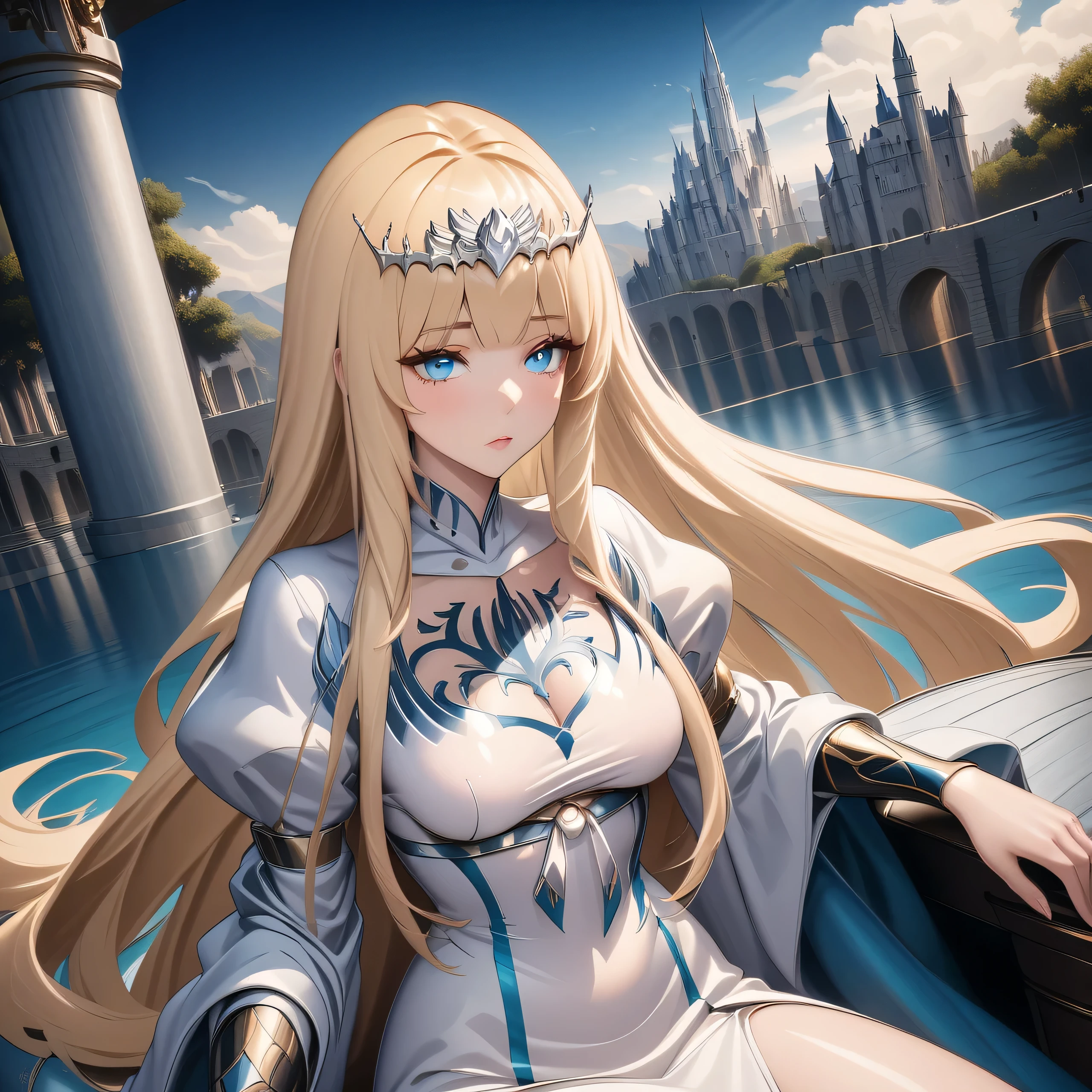 hyper detailed render style, glow, yellow, blue, surreal oil painting, shiny eyes, exaggerated perspective, Tyndall effect,, a holographic white, beautiful background, 1girl, solo, Calca, Calca Bessarez, blonde hair, (extremely long hair:1.6), very long hair, white tiara, silver tiara, white dress, blue eyes, medium chest, short neck, castle background, in a luxurious room, sitting on the throne, medium-to-big breast, mature female, detailed face, close up