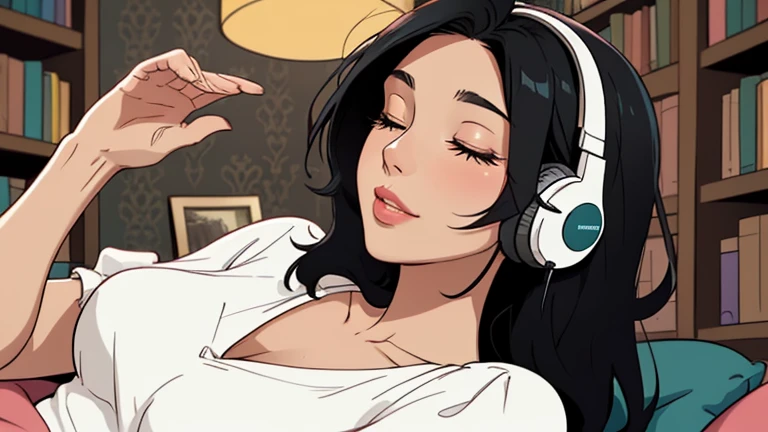 Beautiful woman in her 30s with black hair is sitting on the bed with her eyes closed. and wearing headphones listening to music. Looking up, eyes closed, LOFI girl, alone in the room, V-neck blouse, cozy wallpaper, big cushion, bookshelf, relaxing mood, night core, cozy, wide glass window with skyscrapers, outside view at night, only five fingers, fashion magazine, Well-proportioned face,