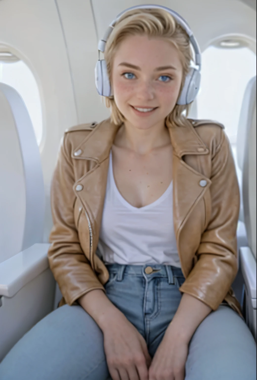 A 21-year-old girl named Kate, with short blonde hair, beautiful medium-sized breasts, height of 1.60m, white British style, light blue eyes. Kate is beautiful, with an angelic face, and has freckles in the nose area. She is wearing a beige leather women's jacket with a white shirt, very light jeans, and white sneakers. Kate is wearing modern white headphones. She is sitting in an airplane seat, slightly looking to the side at the camera. Kate is happy.