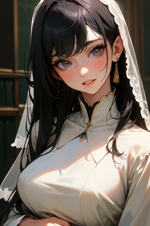 (Highest Resolution, clear_image) highest quality, Single person, One woman, alone, masterpiece, Very detailed, Semi-realistic, Black Hairのショートヘア, Black Hair, bangs, 18-year-old, mature, Wedding dress、Indoor Background, kind, Authoritative, Powerful, exquisite features, exquisite features、Eyelashes become longer、Showing teeth、woman&#39;Fingers in the、Sleeping on the sofa、Long Hair、Fluttering in the wind、