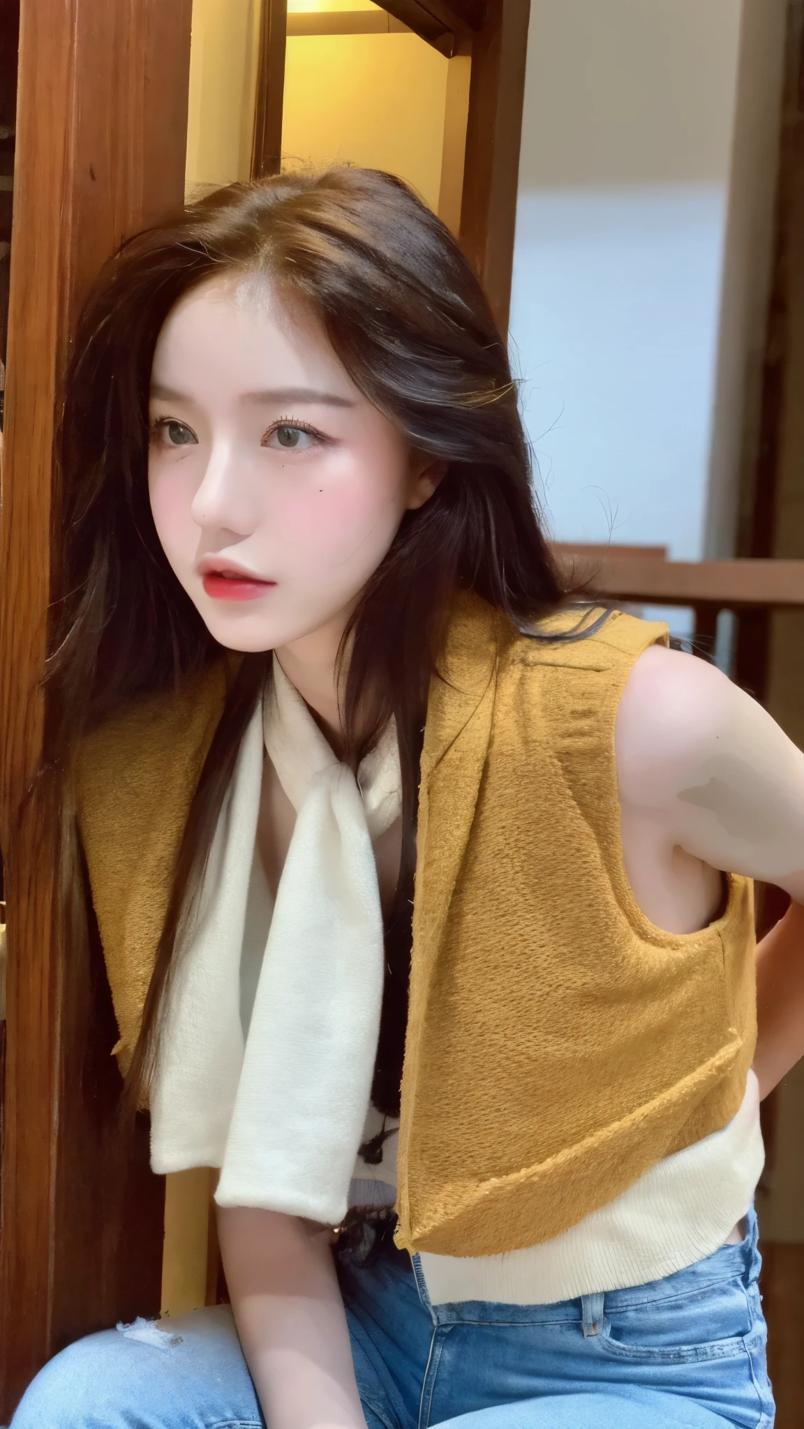 （lifelike， high resolution：1.3）， 1 girl with a perfect figure， The face shape and eyes are super beautiful，Long hair， Random color vest：1.2， Short jeans， Big boobs，Baogou