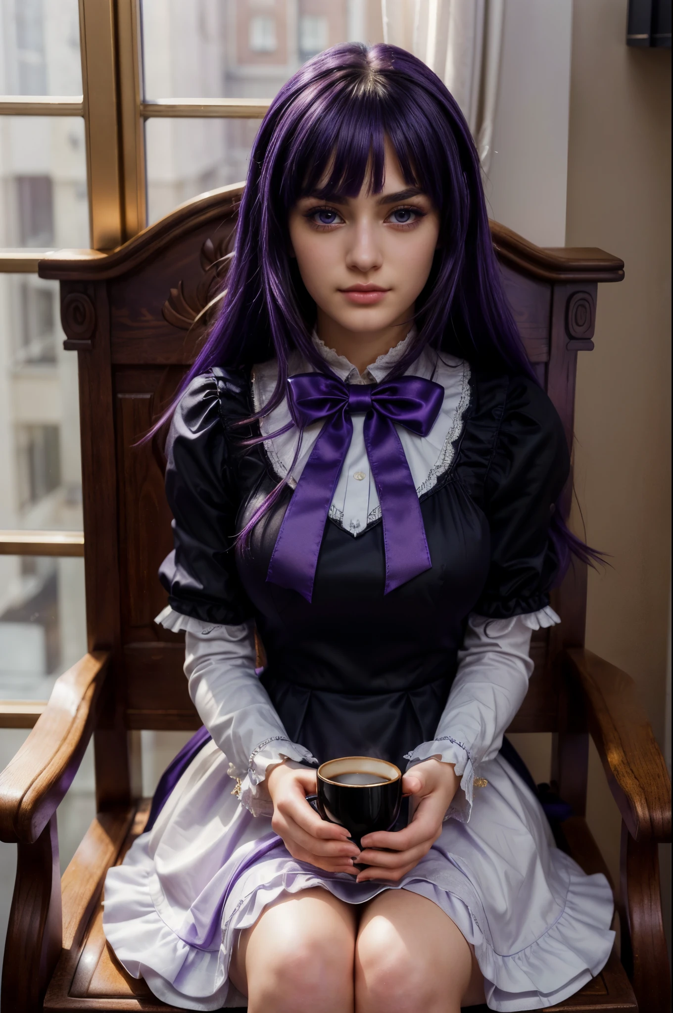 ultra-detailed, Beautiful Nose, Beautiful character design, perfect eyes, perfect face, ultra highres, girl in a chair with a cup of coffee, professional cosplay, HD Raw Photography, professional photoshoot, a cute girl, cosplay of anime girl in a maid costume, high detailed photo, in dress, frederica bernkastel, purple eyes, purple hair, long hair, 16K CGI, photorealistic, purple bow, dress, frills, empty eyes, expressionless, Masterpiece, (five fingers hands holding cup of coffee, perfectly photographed hands)