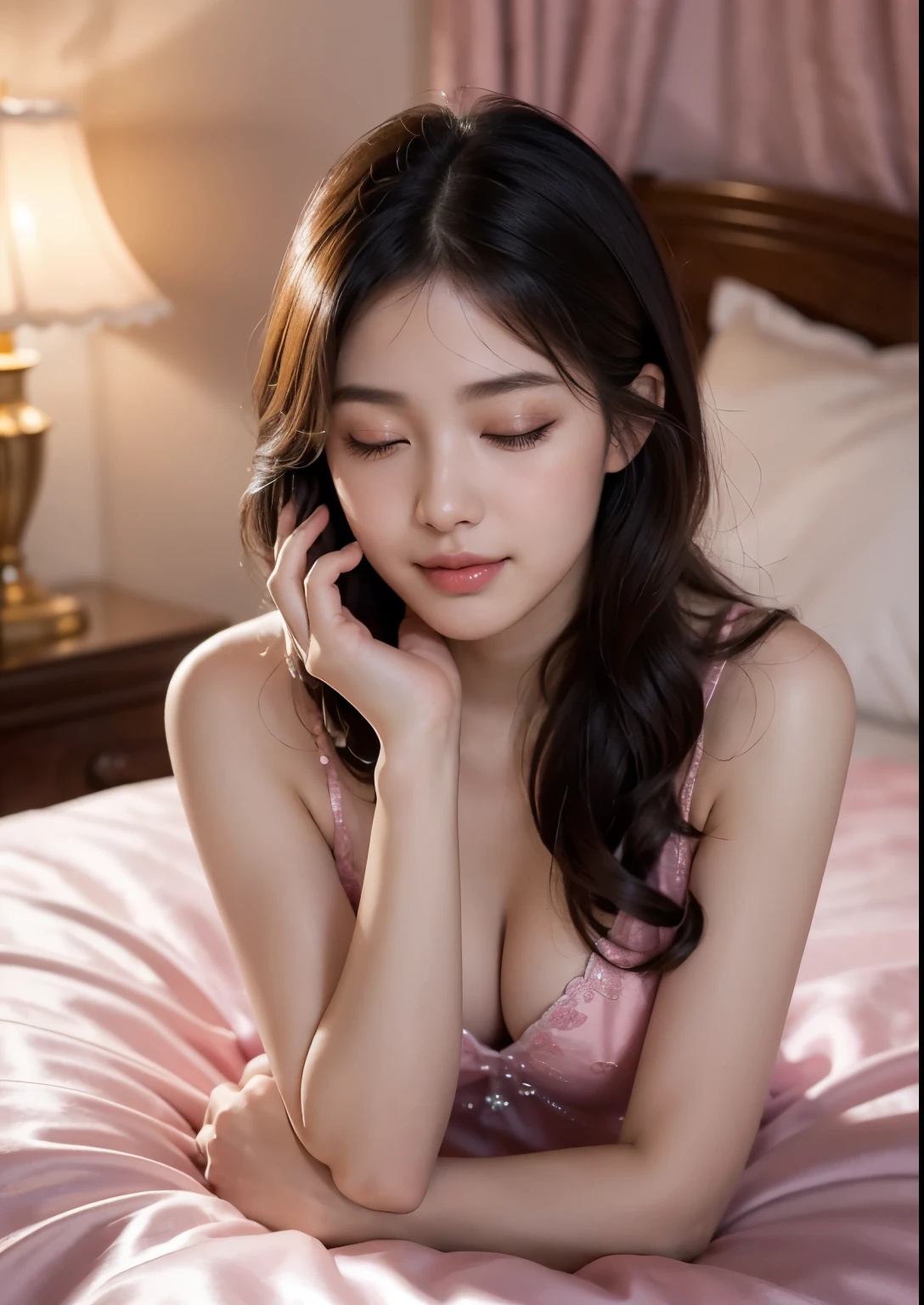 15 year old korean girl sleeping,beautiful detailed hair,((closed eyes when sleeping)0,beautiful detailed lips,extremely detailed face and skin,long eyelashes,detailed hair,pink silk nightgown,pink bedroom interior,luxury pink bedroom,pink floral bedsheets,pink silk curtains,pink crystal chandelier,warm ambient lighting,cinematic lighting,photorealistic,masterpiece,best quality,8k,ultra-detailed,vivid colors,soft focus,intricate details, beautiful face, realistic face, realistic skin, realistic smile, beautiful bright soft thighs, slender girl, realistic atmosphere, every thing is realistic, cutest smile, realistic body, realistic body language, mouth watering beauty, ((sleeping on bed)), upper body shot, cute face, stylish look, stylish angles, tempting eyes, realistic hands, realistic arms, realistic hand fingers, realistic legs, ((laydown on bed)),(Side position, arms out (The Yearner position)),