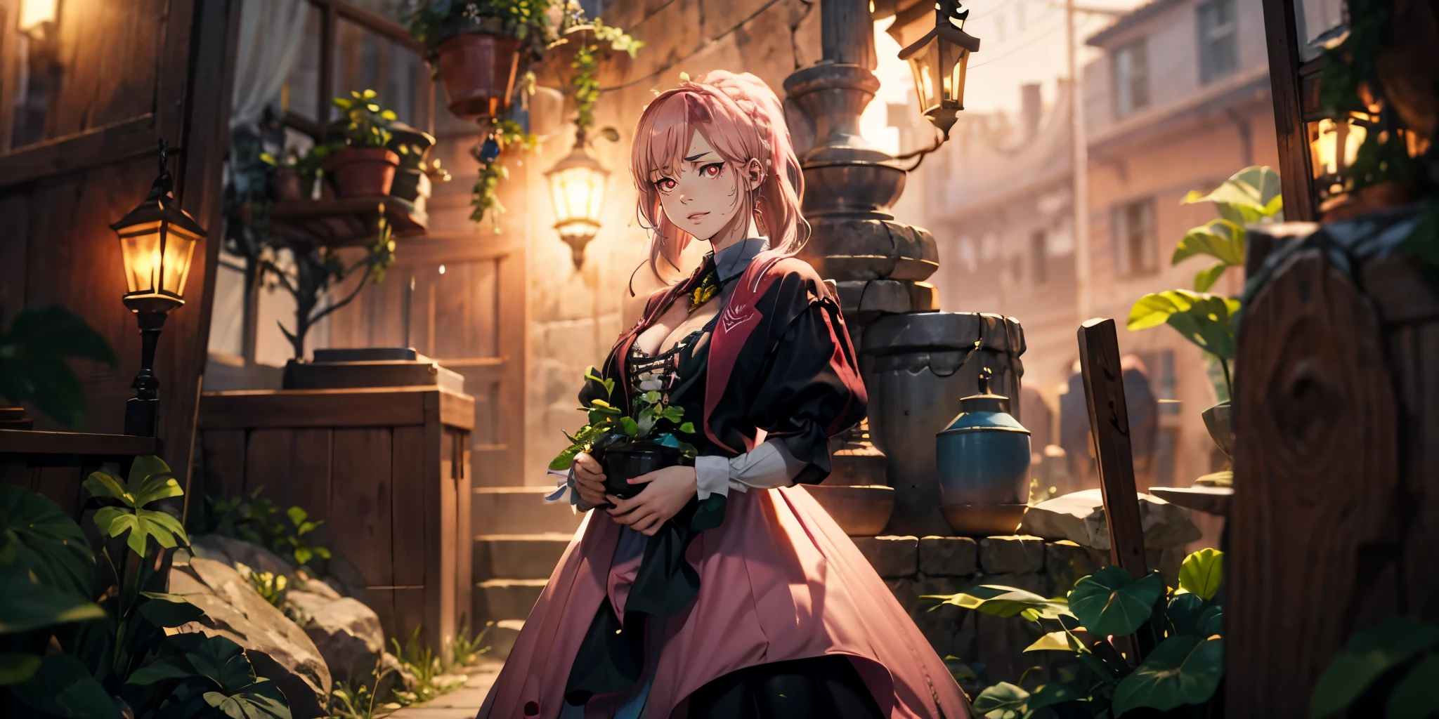 SnbAmr-KJ , crown braid , twintails, (pink hair:1.7), red eyes, seductive smile, sweating, glowing eyes, 1girl, dress, solo, breasts, black_dress, plant, looking_at_viewer, cleavage, rain, standing, flower, glow effects, godrays, Hand drawn, render, 8k, octane render, cinema 4d, blender, dark, atmospheric 4k ultra detailed, cinematic, Sharp focus, big depth of field, Masterpiece, colors, 3d octane render, 4k, concept art, trending on artstation, hyperrealistic, Vivid colors, extremely detailed CG unity 8k wallpaper, trending on CGSociety, Intricate, High Detail, dramatic,