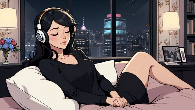Beautiful woman in her 30s with black hair is sitting on the bed with her eyes closed. and wearing headphones listening to music. Looking up, eyes closed, LOFI girl, alone in the room, V-neck blouse, cozy wallpaper, big cushion, bookshelf, relaxing mood, night core, cozy, wide glass window with skyscrapers, outside view at night, only five fingers, fashion magazine,