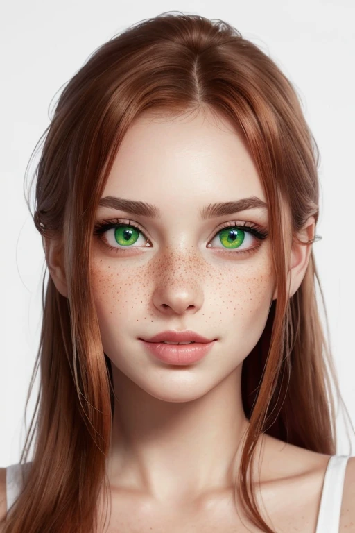 Portrait girl very  beautiful,puffy mouth, naughty look, mischievous look, very   nose, perfect eyes, ultra deteilled green eyes,  pupil of eye cat eyes,ginger eyebrow,fleshy lips, ginger dark hair, straight, freckles, tanned skin,sensual, ultra high definition, 8k, ultra detailled,((Best quality)), (detailed), visage parfait