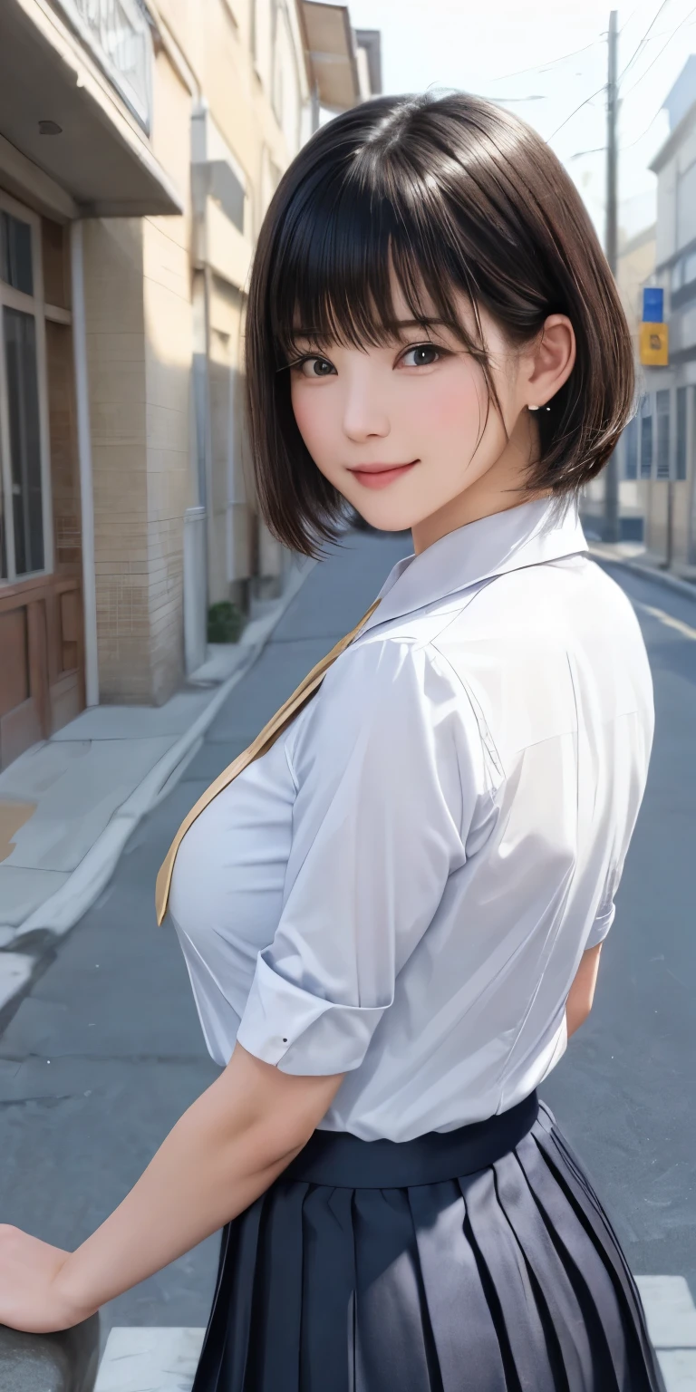 (masterpiece:1.3), (Realistic, RAW Photos, highest quality: 1.4), (One Girl), Beautiful Face, (超Realistic Face、シンメトリーのBeautiful Face), (Short black hair, short hair:1.6、bangs:1.3、Show off your beautiful ears), Beautiful Hairstyles, (Realistic eyes), Beautiful details, Long eyelashes, (Realistic Skin), Beautiful Skin, [Big Breasts:1.3], {Huge|big|Hugeな|Mega} chest:2, (Perfect body:1.3), (Detailed body:1.2), (tie), (Collared shirt, Pleated skirt:1.3), Absurd, charm, Ultra-high resolution, Ultra-realistic, Very detailed, Golden Ratio,Very cute beautiful woman、28 years old、Beautiful angle from behind、Background in front of the school building、smile、shut up.
