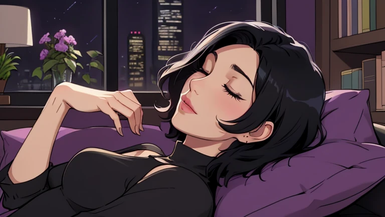 Beautiful woman in her 30s with short black hair is sitting on the sofa with her eyes closed. Looking up, eyes closed, LOFI girl, alone in the room, blouse, cozy wallpaper, big cushion, bookshelf, beautiful flowers, relaxing mood, night core, cozy, wide glass window with skyscrapers, outside view at night, only five fingers, dark room, purple wall, Well-proportioned face
