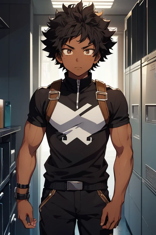 /(Boy),(Dark skin color ),(anime style of my hero academia),(brown eyes),(height 1.80),(16 year old teenager),(short curly black hair),(average physical height of a 16 year old teenager)