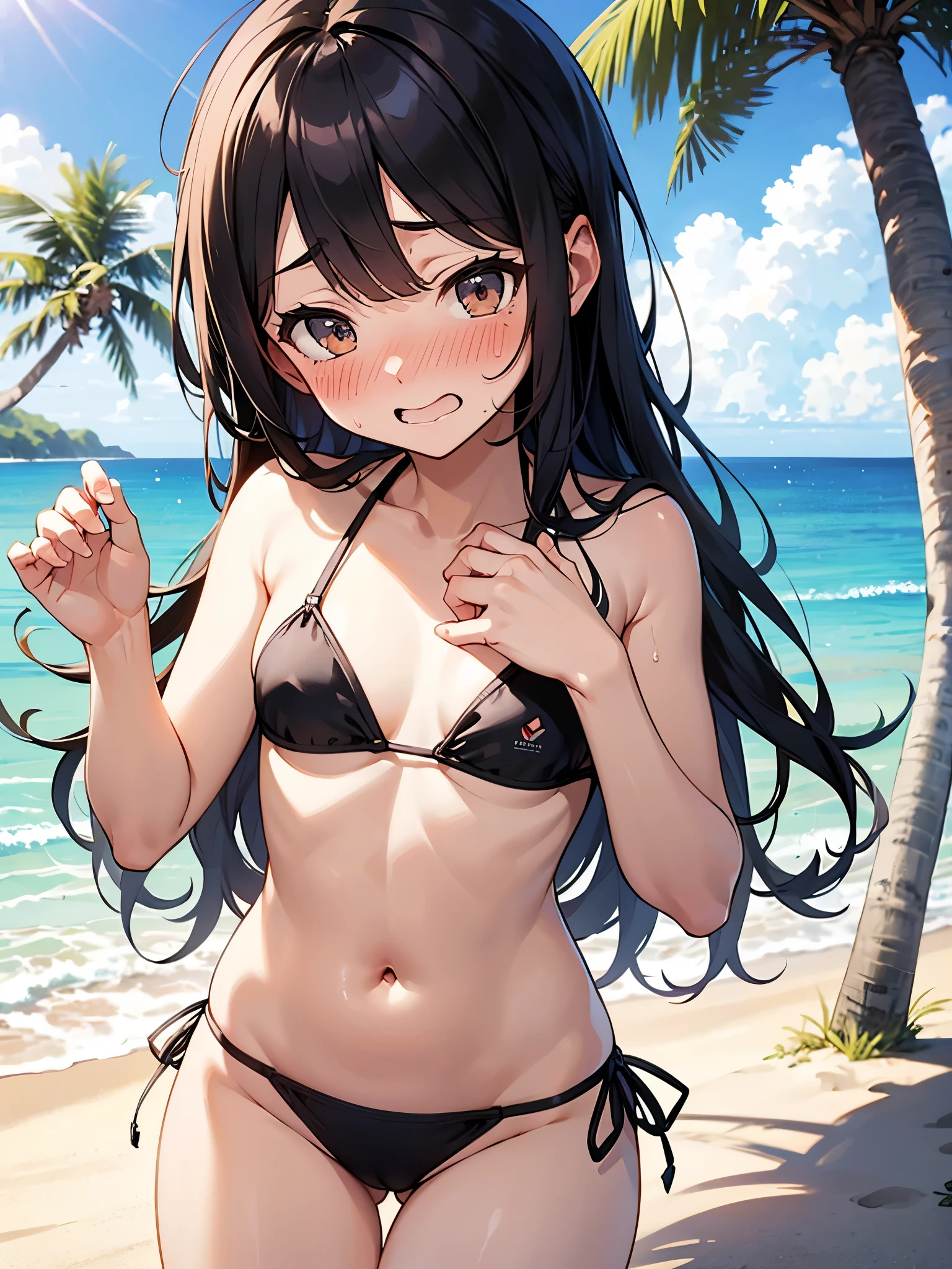 NSFW,Very long hair、Messy Hair、Flat Chest,bikini,(Perfect hands),(Perfect Anatomy),(masterpiece),(highest quality),(Embarrassed:1.5),blush,Shy laugh,beach,Palm tree,Rock Shade