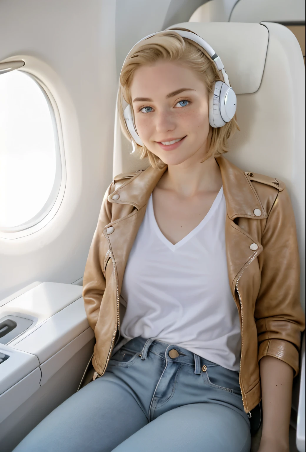 A 21-year-old girl named Kate, with short blonde hair, beautiful medium-sized , height of 1.60m, white British style, light blue eyes. Kate is beautiful, with an angelic face, and has freckles in the nose area. She is wearing a beige leather women's jacket with a white shirt, very light jeans, and white sneakers. Kate is wearing modern white headphones. She is sitting in an airplane seat, slightly looking to the side at the camera. Kate is happy.