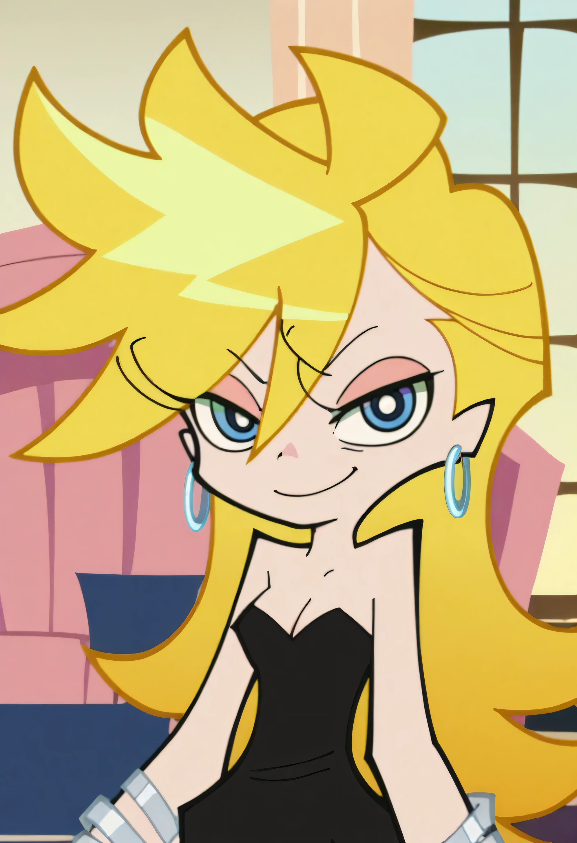 p&s style, rating_safe, score_10, sharp, anime screencap, flat shadows, flat colors, panty, blonde hair, strapless, little black sleeveless, dress, hoop earrings, sliver bracelets, bare shoulders, cleavage, panty’s indoor bedroom, a chair, curtains, outdoor window of night skies, smile, blue eyes, standing up, in the center, looking at viewer, 1 girl, solo, close up
