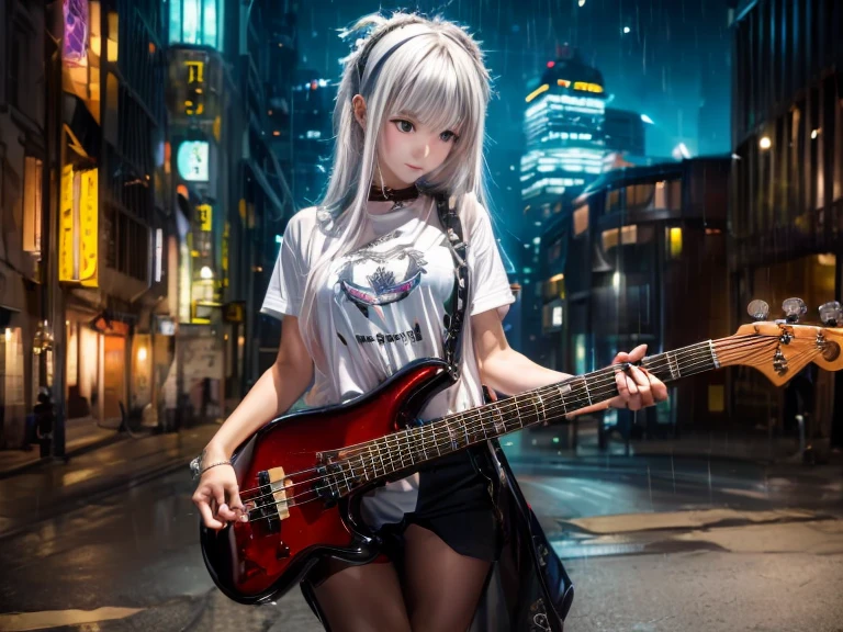 ((highest quality)), ((masterpiece)), (detailed), Perfect Face　A girl playing the bass guitar of Atelier Z with her head down　City　night　rock　metal　White Hair　Band T-shirt　Landscape　rain　Night City　Dark angel