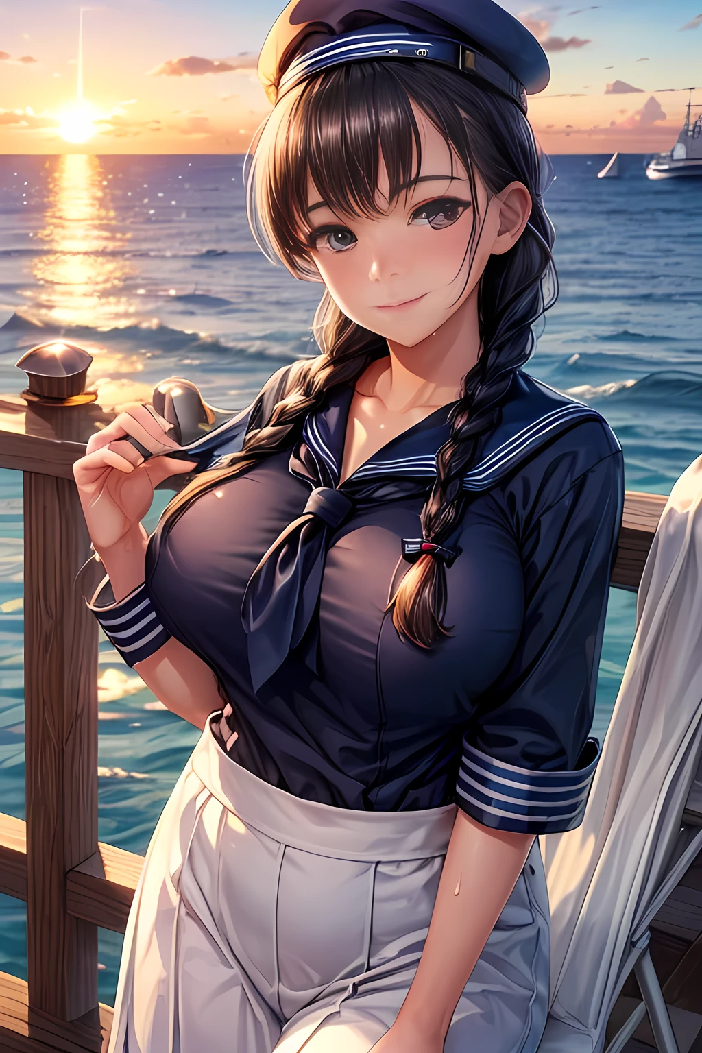 (High quality, High resolution, Fine details), Realistic, (navy), Sail ships, prow, Sunset, Sparkling water, white clouds, Solo, Slim woman, navy sailor hat, navy blue sailor uniform, Braided hair, Sparkling eyes, (Detailed eyes), Smile, Sweat, Oily skin, covered gigantic , Hi3GB