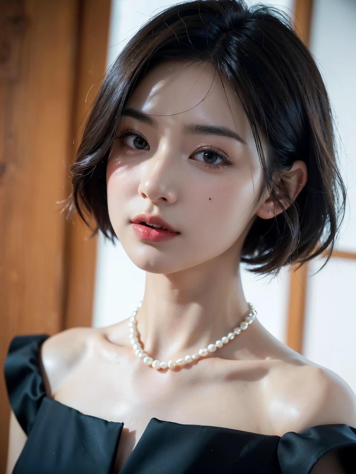 (Photoreal Stick:1.2)、8K UHD、hight resolution、(1girl in)、((profile))、(black hair shorthair)、((Knee shot))、(High quality shadows)、Detail Beautiful delicate face、Detail Beautiful delicate eyes、in her 20s、(A dark-haired)、Pretty Kpop Girl、(Korean Urzan Face)、(ulzzang -6500-v1.1:0.6)、pureerosface_v1、gloweyes、perfectbody、 Incredible dynamic range photography(UTIL_Art by Smoose-768:1.1), teak、Bright red lipstick、Glossy lips、Natural color reproduction、((strong lights))、(a choker)、(Red transparent nose)、((Brown eyes))、((Beautiful Finger))、 (short-hair)、((wetting hair))、Shiny hair、Description beautiful delicate hair、(Lustrous skin)、(Black see-through dress)、(black hair short cut)、(profile)、(early evening)、(by the window)、(Inorganic concrete chamber)、(Background blur)、(No one in the background)、
