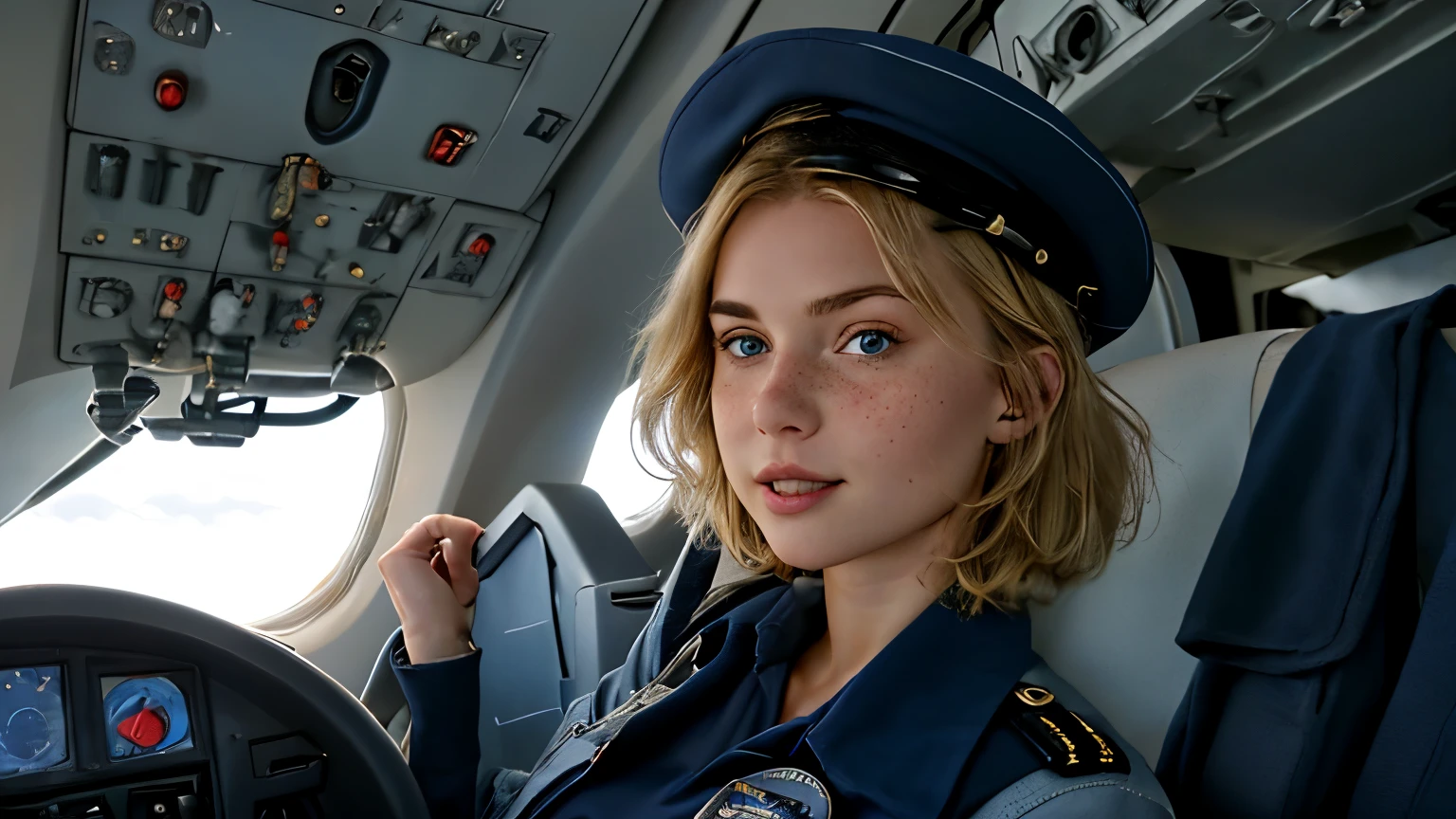 A 21-year-old girl named Kate, with short blonde hair, beautiful medium-sized breasts, 1.60m tall, with a British white style, and light blue eyes. Kate is beautiful, with an angelic face, and has freckles on her nose area. She is wearing a dark navy blue commercial female pilot uniform, with a commercial pilot cap on her head. Kate is standing in the aisle of a commercial airplane, with the airplane's aisle in the background.