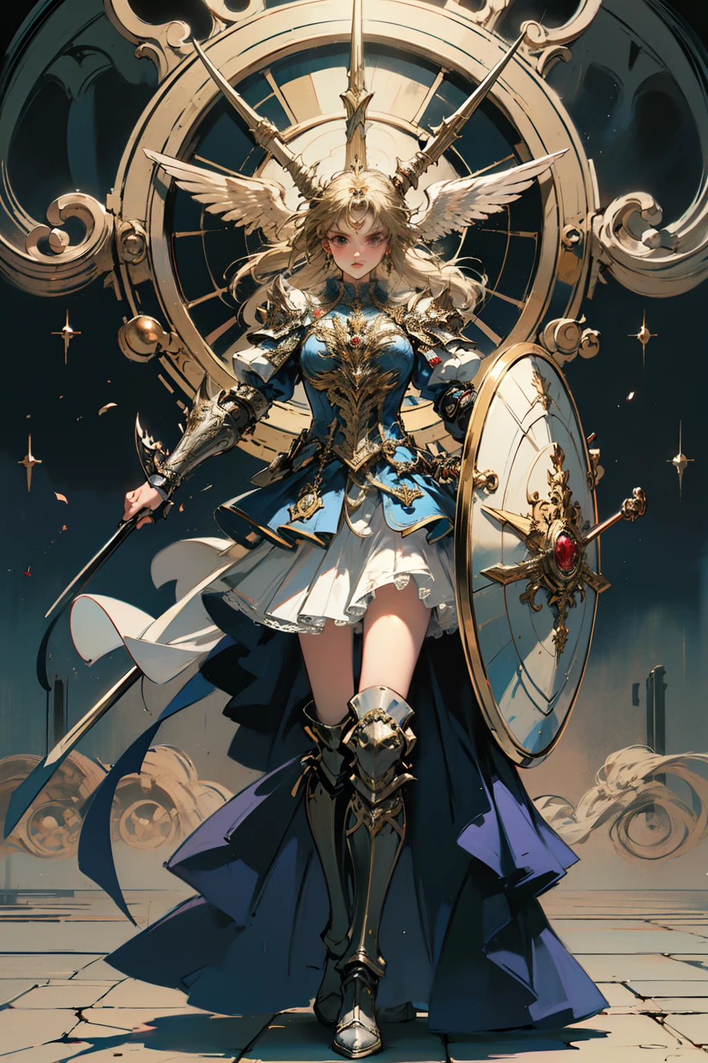((best quality)), ((masterpiece)), (detailed), perfect face official art, unity 8k wallpaper, ultra detailed, beautiful and aesthetic, masterpiece, best quality, (zentangle, mandala, tangle, entangle), (fractal art:1.3) , 1girl, extremely detailed, dynamic angle, cowboyshot, the most beautiful form of chaos, elegant, a brutalist designed, vivid colours, romanticism, Bloodborne inspired,  occult aesthetic, occult, detailed and intricate steampunk and detailed gothic, NSFW, Very dramatic and cinematic lighting, cosmic horror, grim-dark, side-lighting, perfect face, a beaituful goddess valkyrie adorned and enshrined in armour, Bloodborne inspired valkyrie, occult aesthetic valkyrie, occult valkyrie, detailed and intricate steampunk and detailed gothic valkyrie, wielding a sword and holding a shield, NSFW, Fluttering lace flared long knee length dress with frilly petticoats, knee length dress, pleated petticoats, lolita dress, petticoats gothic lolita, side-lighting, gothic lolita aesthetic, beautiful small breasts, small breasts, full body, whole body, body, NSFW, full body, whole body, head-to-toe, Vivid colors, detailed armor, engraved metallic armor white and black with gold ascents , intricate designs on the armor, intricate armor engravings, imposing and powerful stance, fierce , flowing hair, dynamic pose, intense battle scene, fantasy setting, vibrant colors, dramatic lighting, epic atmosphere, mythical creatures in the background, magical effects surrounding the sword, attention to anatomy and facial features, iconic use of highlights and shadows, capturing emotion, masterful composition, portraying strong female characters