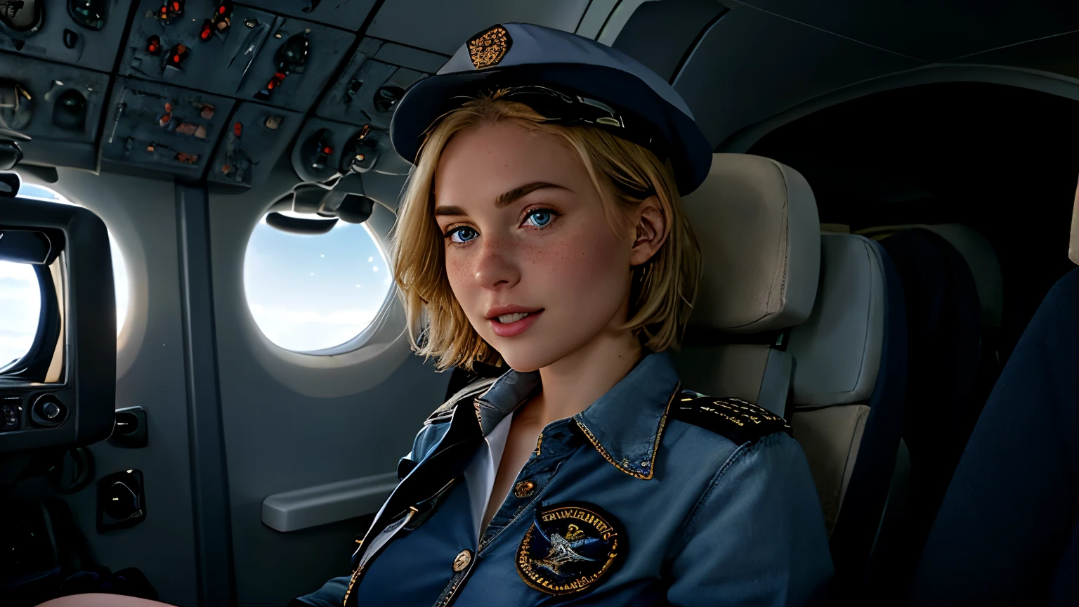 High resolution, AW images, Masterpiece, ((Ultra Detail)),(( Beautiful Art, 18 yo blonde teen girl . Full lips. Eyes wide)).  ((Very short hair)),  well-trained body, sweaty skin, choker, sheer Baby Doll, choker, sheer lace lingerie, (((air force pilot costume, flight suit, fighter pilot, f14 fighter))), Hero of the Sky, Ace Pilot , top gun