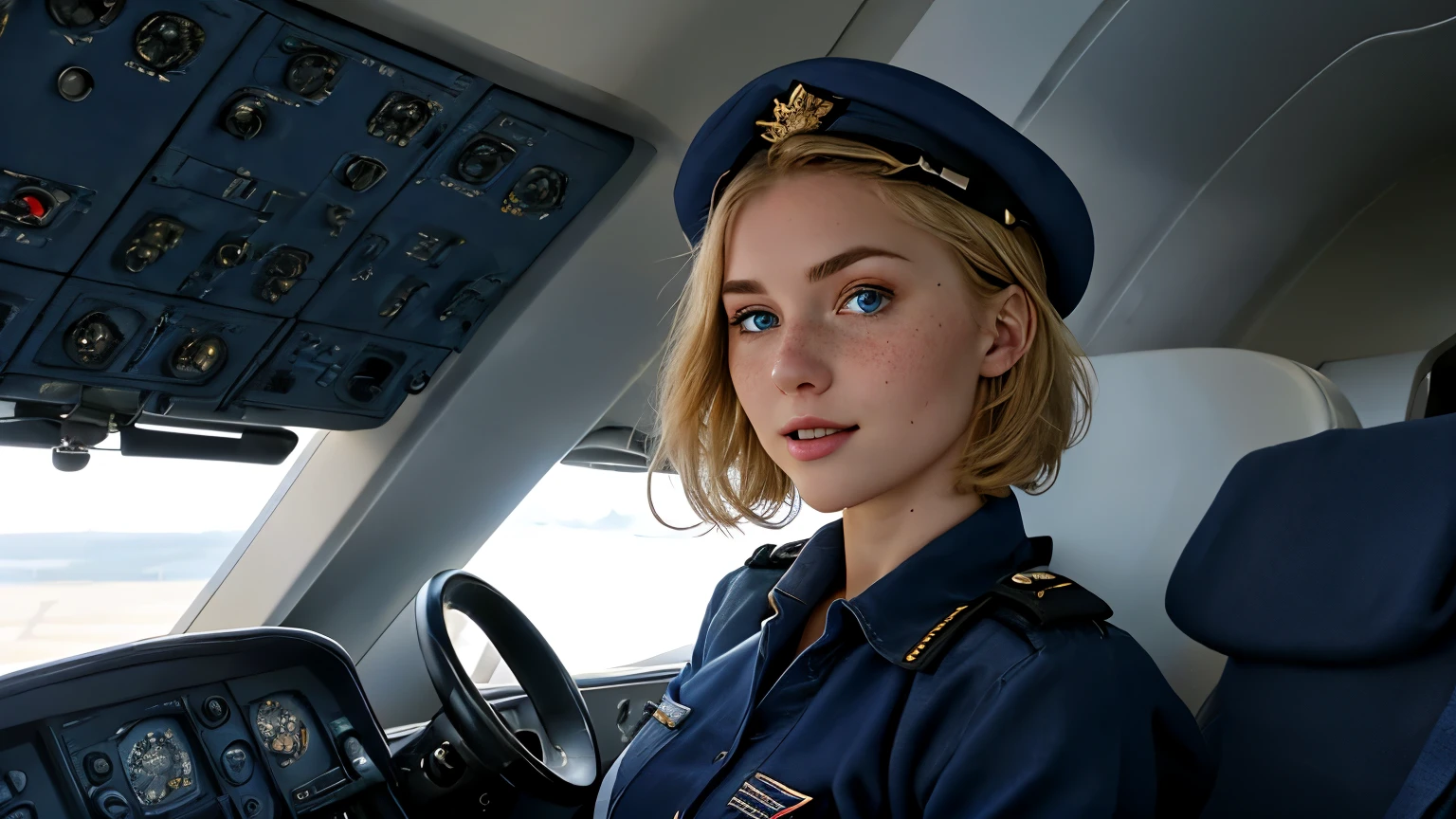 A 21-year-old girl named Kate, with short blonde hair, beautiful medium-sized breasts, 1.60m tall, with a British white style, and light blue eyes. Kate is beautiful, with an angelic face, and has freckles on her nose area. She is wearing a dark navy blue commercial female pilot uniform, with a commercial pilot cap on her head. Kate is standing in the aisle of a commercial airplane, with the airplane's aisle in the background.