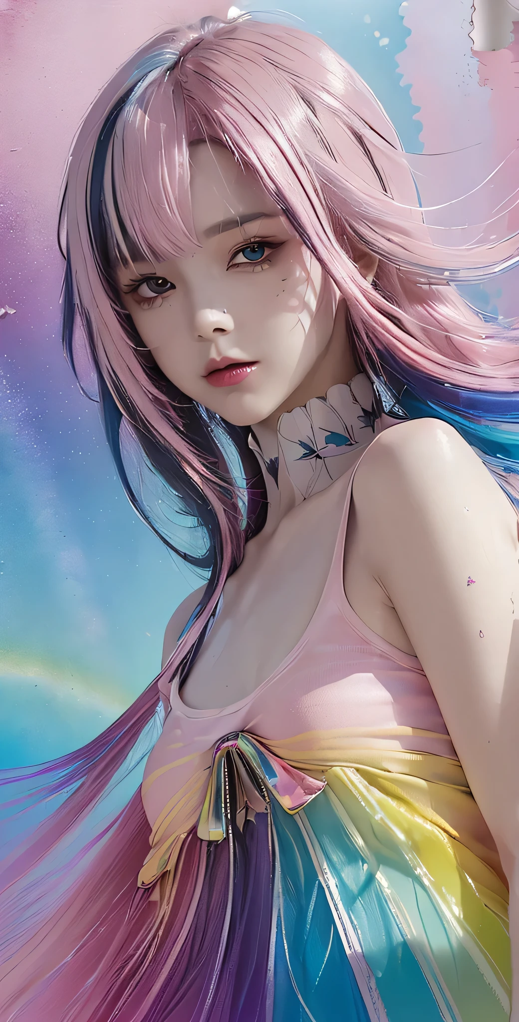 (Pink fashion T-shirt:1.9),(colored hair:1.8),(All colors of the rainbow:1.8),(((vertical painting:1.6)),(:1.6),front,comics,illustration,,big eyes,crystal clear eyes,(Rainbow colored semi-long hair:1.7),exquisite cosmetics,Shut your mouth,(Small fresh:1.5),(Wipe your chest:1.6),long eyelashes,White shoulder T-shirt。,White shoulder sleeve shirt,looking at the audience,blue eyes,(rainbow colour hair:1.6),color splotches,(solo:1.8),color splotches,color splotches,color explosion,Thick lacquer style,Messy lines,((Shiny),(color),(color),(color),(color),color,Thick lacquer style,(color splotches),(color)splash,vertical,Upper body,Paintworksplash,acrylic paint,gradient,Paintwork,Highest image quality,highest quality,masterpiece,solo,depth of field,Topcoat,Colorful clothes,(grace:1.2),gorgeous,lwind, (Elegant: 1.3), (Petals: 1.4),(((masterpiece))),(((best quality))),((ultra-detailed)),(illustration),(dynamic angle),((floating)),(paint),((disheveled hair)),(solo),(1girl) , (((detailed anima face))),((beautiful detailed face)),collar,bare shoulders,blue hair, ((colorful hair)),((streaked hair)),beautiful detailed eyes,(Gradient color eyes),(((colorful eyes))),(((colorful background))),(((high saturation))),(((surrounded by colorful splashes))),(((colorful background))),(((high saturation))),(((surrounded by colorful splashes))),(((colorful background))),(((high saturation))),(((surrounded by colorful splashes))),