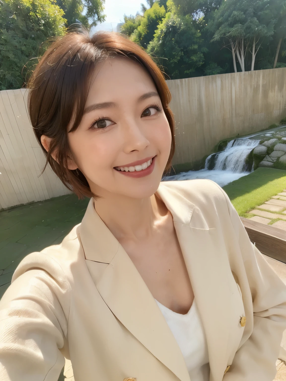 （Age 34), (Linen jacket）,（White wool pants）、（White ruffled blouse）, double eyelid, eyelash, Red Lip gloss, (smile:1), ((close your eyes:0.85)), (Looking at the audience、Are standing), (From above:0.2)、尖ったRed Mouth、(reddish brown wet shiny short hair),Red Mouth,clavicle、 (Photorealistic:1.3),(RAW Photos）,(Japan庭園に立つ女性, Beautiful lawn, waterfall, Bright sunshine in Tokyo city, Japan) , 8k, Super detailed, highest quality, Textured skin, Anatomically correct, masterpiece , highest quality, Cinema Lighting, Use perspective throughout , Surrealism , ,(Realistic:1. 3),(RAW Photos) , Black Hair, light smile, short hair, Bobcut, Anaglyph, Stereogram, (Mature Woman:1), (Age 34), ((close:0.5)), Glare, double eyelids, Lip gloss, (smile:1), ((close your eyes:0.85)), Red Mouth, clavicle, ((View Viewer)), (short hair of reddish-brown color wet and shiny,), (The whole body is visible) , Slightly thick body type , Wide-eyed , Perfect round eyes , Fine texture