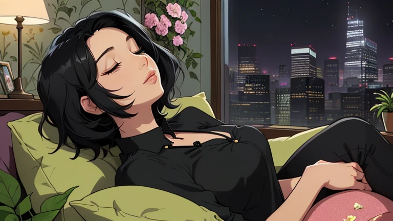 Beautiful woman in her 30s with short black hair is sitting on the sofa with her eyes closed. Looking up, eyes closed, LOFI girl, alone in the room, blouse, cozy wallpaper, big cushion, bookshelf, beautiful flowers, relaxing mood, night core, cozy, wide glass window with skyscrapers, outside view at night, only five fingers,