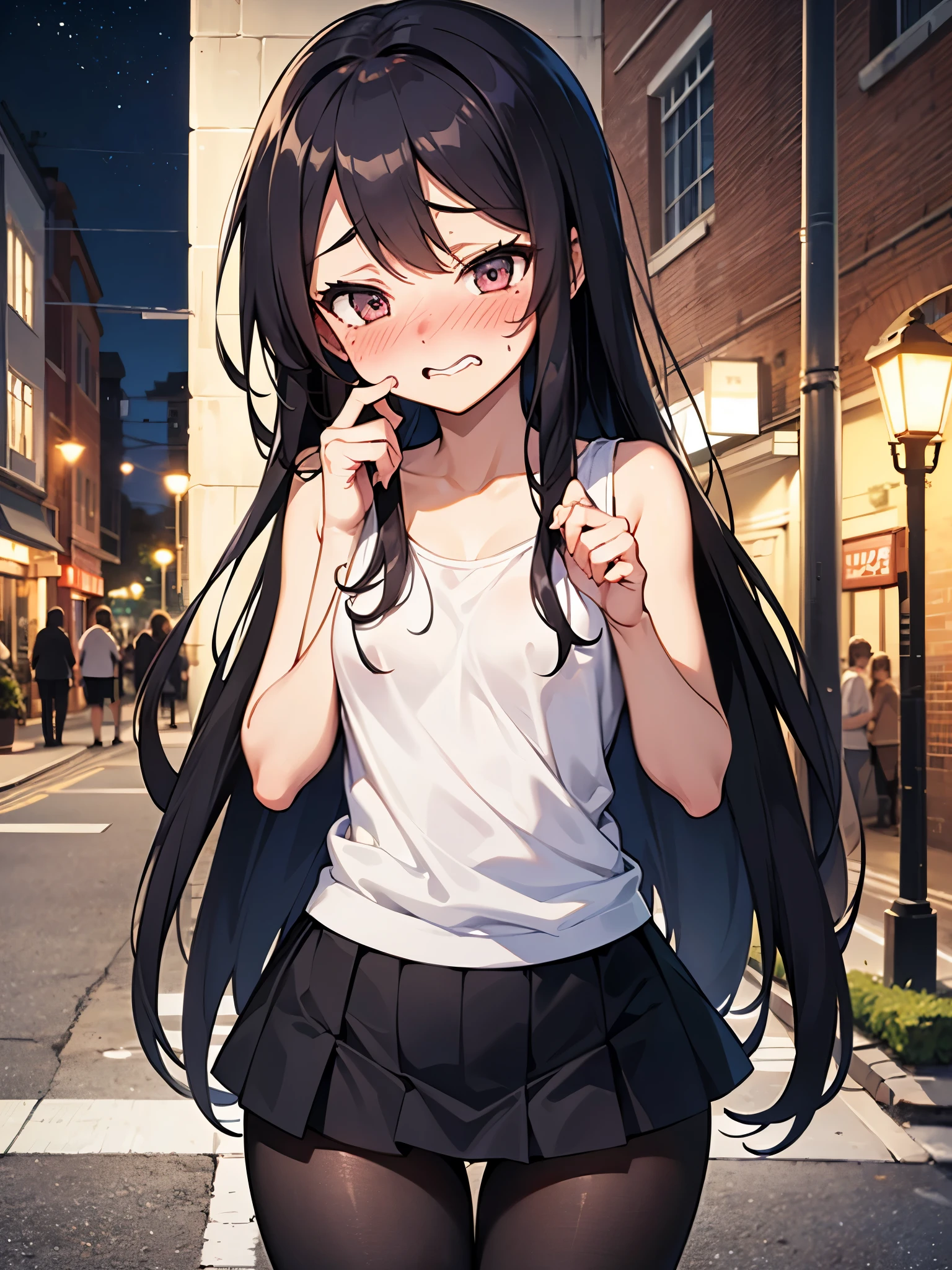 NSFW,Very long hair、Messy Hair、Flat Chest,Tank top,Micro Mini Skirt,pantyhose,(Perfect hands),(Perfect Anatomy),(masterpiece),(highest quality),(Embarrassed:1.5),blush,Shy laugh,Downtown at night,alley,Street lamp