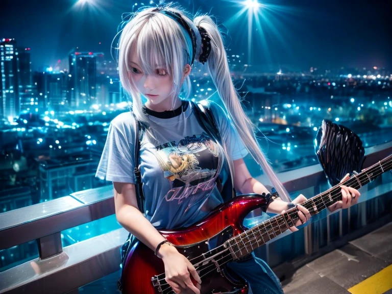 ((highest quality)), ((masterpiece)), (detailed), Perfect Face　A girl playing the bass guitar of Atelier Z with her head down　City　night　rock　metal　White Hair　Band T-shirt　Landscape　rain　Night City　Dark angel　A girl facing away, gazing up at the dazzling blue sky