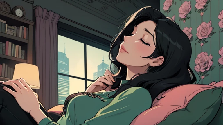 Beautiful woman in her 30s with black hair is sitting on the sofa with her eyes closed. Looking up, eyes closed, LOFI girl, alone in the room, blouse, cozy wallpaper, big cushion, bookshelf, beautiful flowers, relaxing mood, night core, cozy, wide glass window with skyscrapers, outside view at night, only five fingers,