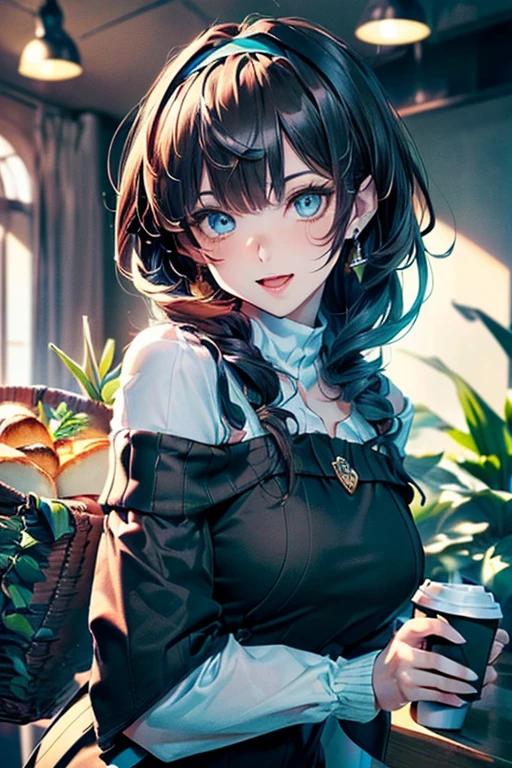 (perky ?????:1.2), (pointed ?????:1.2),(((Black Tunic:1.3))),(((cakes and bread in the basket),Cute and beautiful girl,Cute round face,Cute smile,with blush cheeks,Red Lip,solo, looking at viewer, open mouth, have a cute grass of cute beergrass,black hair, dark green eyes, dress, ???? shoulders, jewelry, collarbone, sidelocks, hairband, earrings, indoors, off shoulder, sweater, arms behind back, plant, short hair with long locks, gild hairband, off-shoulder dress, sweater dress, off-shoulder sweater, black sweater, dark gord hair, big side hair, very long side hair,is rendered in (masterpiece: 1.2, best quality), with (ultra high resolution) and an exquisite (depth of field),(Bangs are see-through bangs),hair pin,hair adornments,detailed clothes features,Detailed hair features,detailed facial features,(Dynamic angles),(Dynamic and ???? poses),Cinematic Light,(masutepiece,top-quality,Ultra-high resolution) ,(The 8k quality,Anatomically accurate facial structure,),(Sea Art 2 Mode:1.3),(Image Mode Ultra HD) ,(Hold a coffee in your hand:1.3),delicate beautiful face, Bright blue eyes, cute eyes, sparkling eyes, Big eyes, (perky ?????:1.1), (pointed ?????:1.3), looking at viewer,
