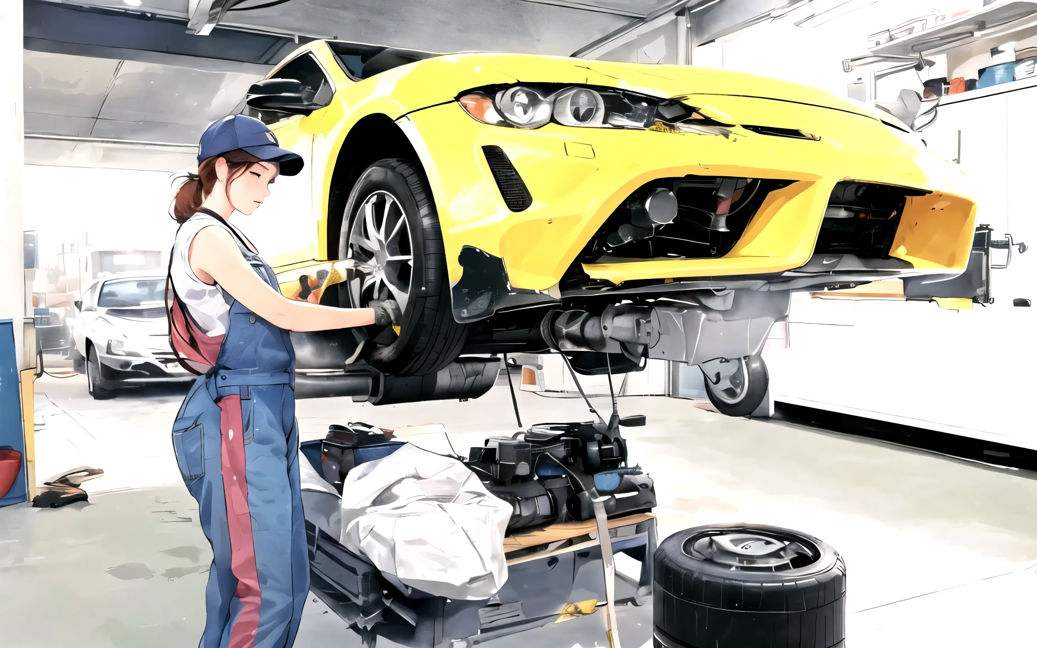 女性の自動車整備士がRepair the carています、20-year-old、solid muscles、White dirty t-shirt with folded sleeves、Overalls、Covered in grease stains、Tattered clothes、Cute Face、Step inside the hood、Repair the car、Covered in sweat、Open the hood and engine、A look under the hood、Bent to work。