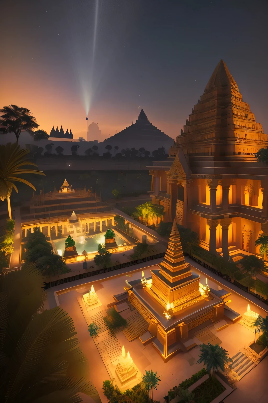 (ivory gold palace), daytime view of a courtyard with a fountain surrounded with greenery, pyramid ruins at sundown, prambanan temple setting, indonesian, ancient megastructure temple, glowing temple in the distance, a wide open courtyard in an epic, by Robert Koehler, pyramid, in a futuristic desert palace, 3 d render and matte painting, indonesian atmosphere
