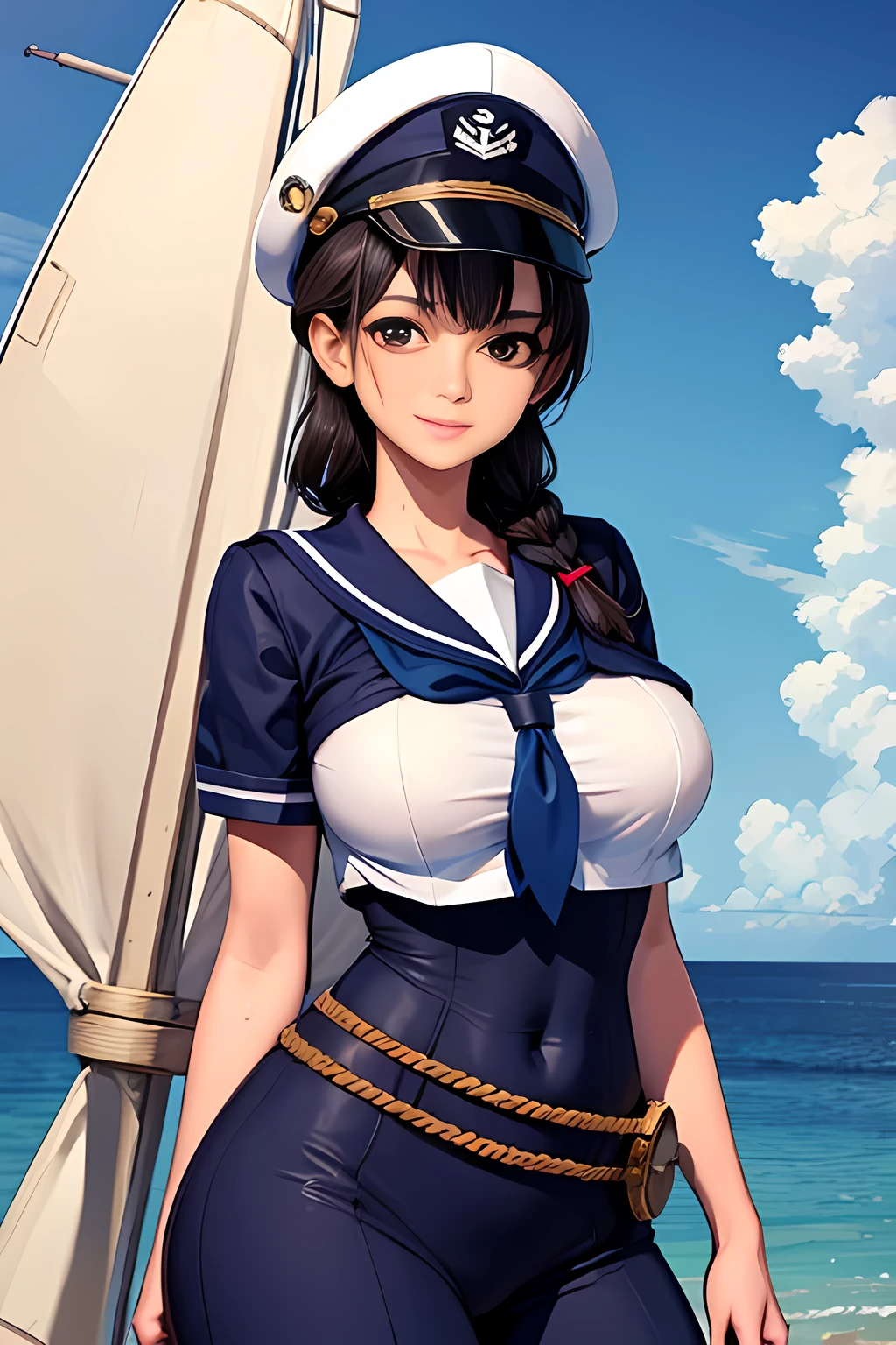 (High quality, High resolution, Fine details), Realistic, (navy), Sail ships, prow, Sunset, Sparkling water, white clouds, Solo, Slim woman, navy sailor hat, navy blue sailor uniform, Braided hair, Sparkling eyes, (Detailed eyes), Smile, Sweat, Oily skin, covered gigantic breasts, Hi3GB