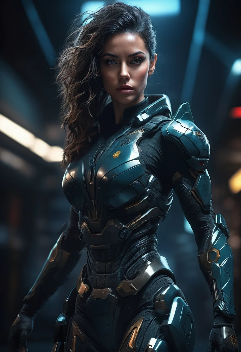Tight Combat Suit, a woman in a tight combat suit, intricate futuristic body armor, highly detailed facial features, beautiful eyes, sharp nose, full lips, long eyelashes, muscular athletic body, dynamic action pose, dramatic lighting, cinematic composition, muted color palette, dark shadows, moody atmosphere, hyper realistic, 8k, 3d render, concept art, science fiction