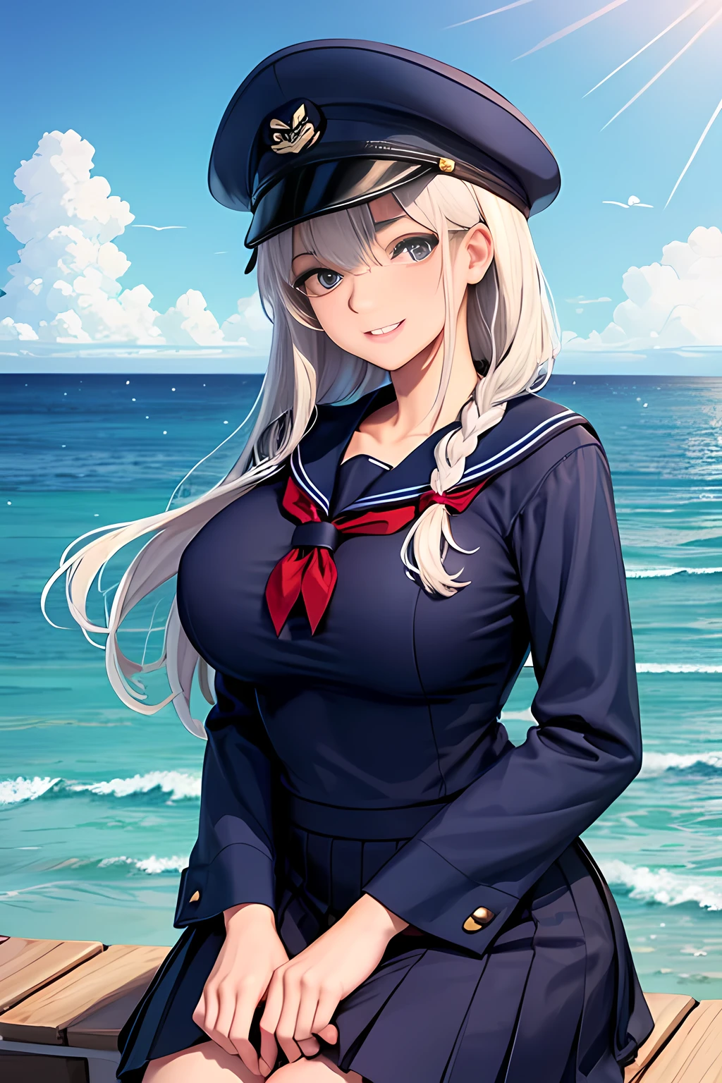 (High quality, High resolution, Fine details), Realistic, (navy), Sail ships, prow, Sunset, Sparkling water, white clouds, Solo, Slim woman, navy sailor hat, navy blue sailor uniform, Braided hair, Sparkling eyes, (Detailed eyes), Smile, Sweat, Oily skin, covered gigantic breasts, Hi3GB