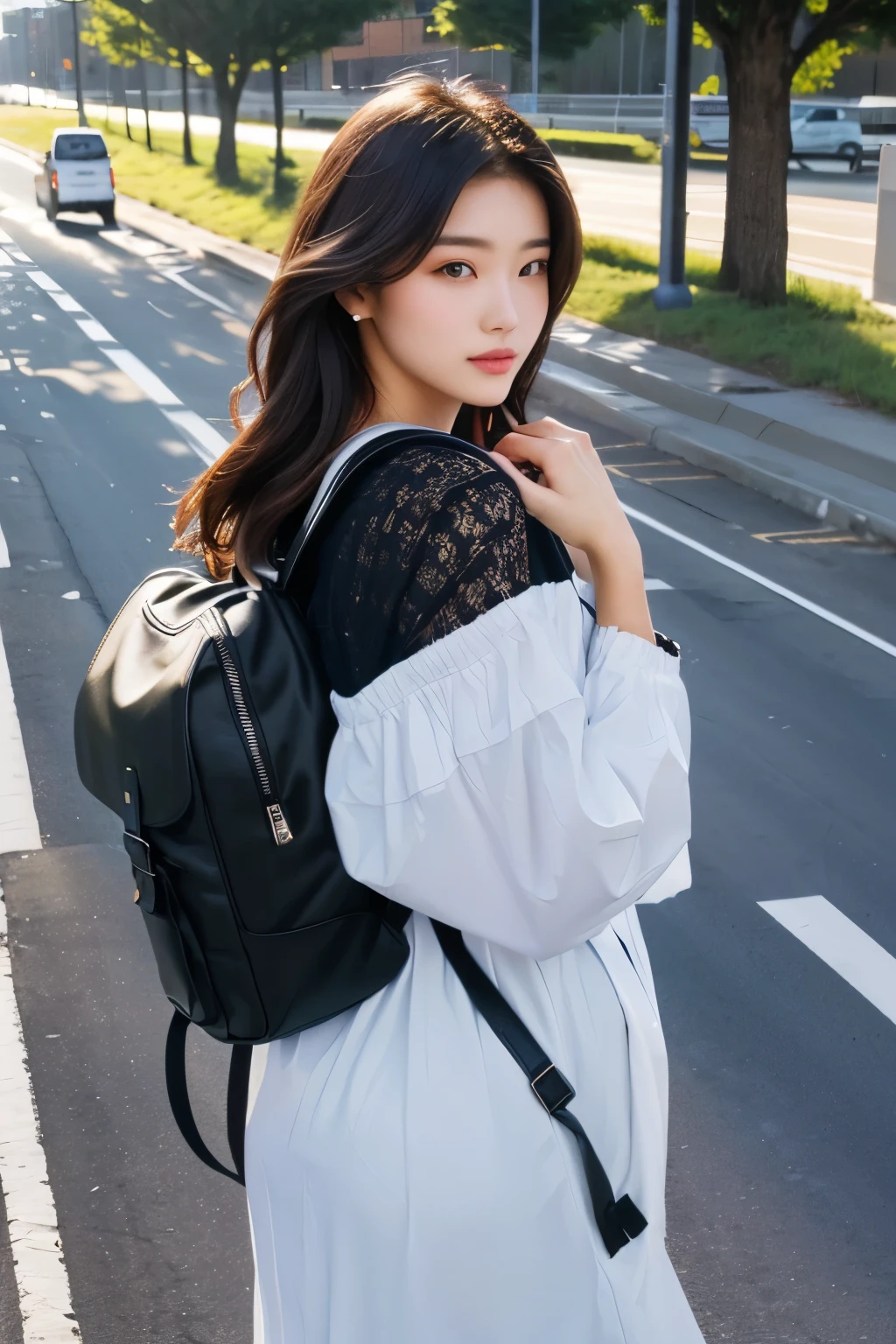 Masterpiece, hd, 1girl, 20 y.o, black hair, ponytail, wear white shirt, denim minipants, wear sneakers, carrying randoseru backpack, standing, upper body, city