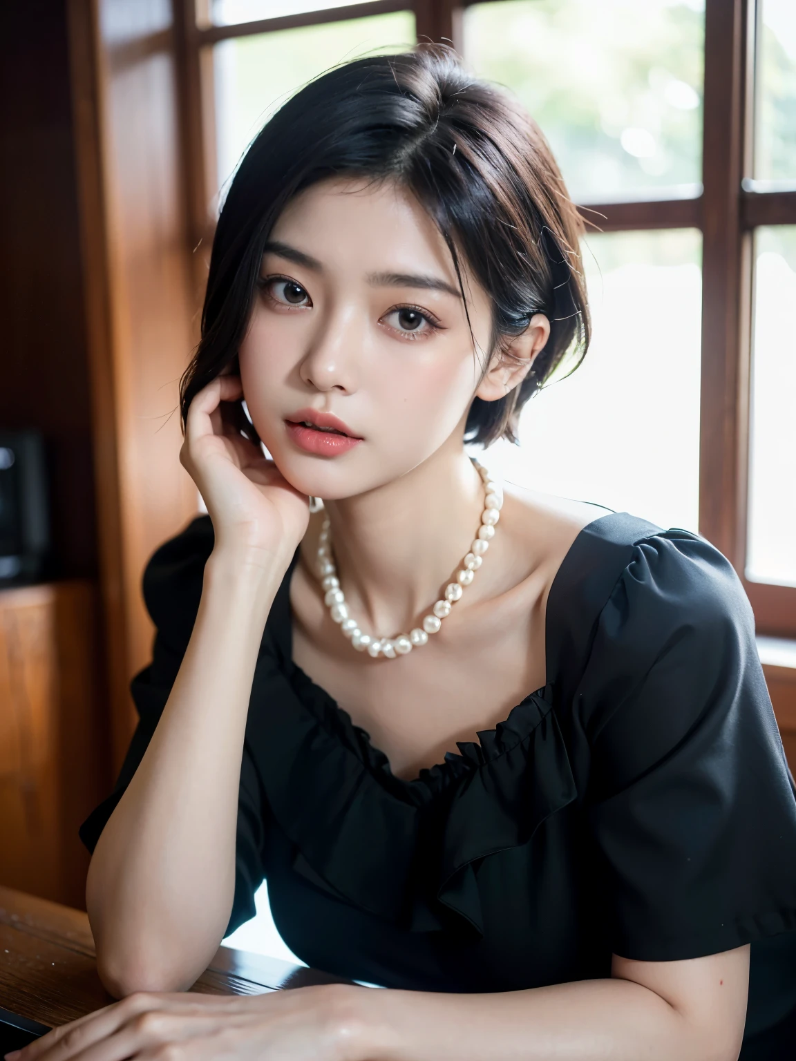 (highest quality, 8k, 32k, masterpiece, Ultra-high resolution:1.2),Beautiful Japanese Women Photos, （D cup breasts:1.4), Very short bob hair,Upper Body,Face Focus,（black formal blouse：1.4）、Black ruffled blouse,（Pearl Necklace:1.4), （captain&#39;Living quarters on a nuclear submarine:1.4), （Sitting at a big desk：1.2）、from the front, View your viewers,