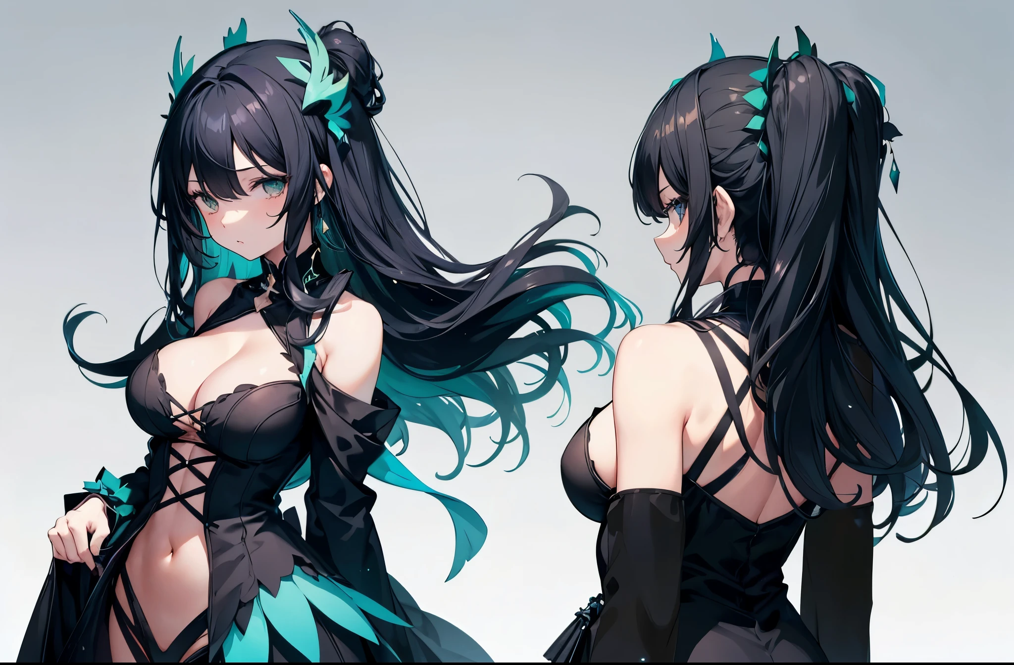 Girl with long black hair,Full breasts and buttocks,Perfect body,Blank background illustration,Front and back view,Green low-cut dress,Cleavage,Sleeves