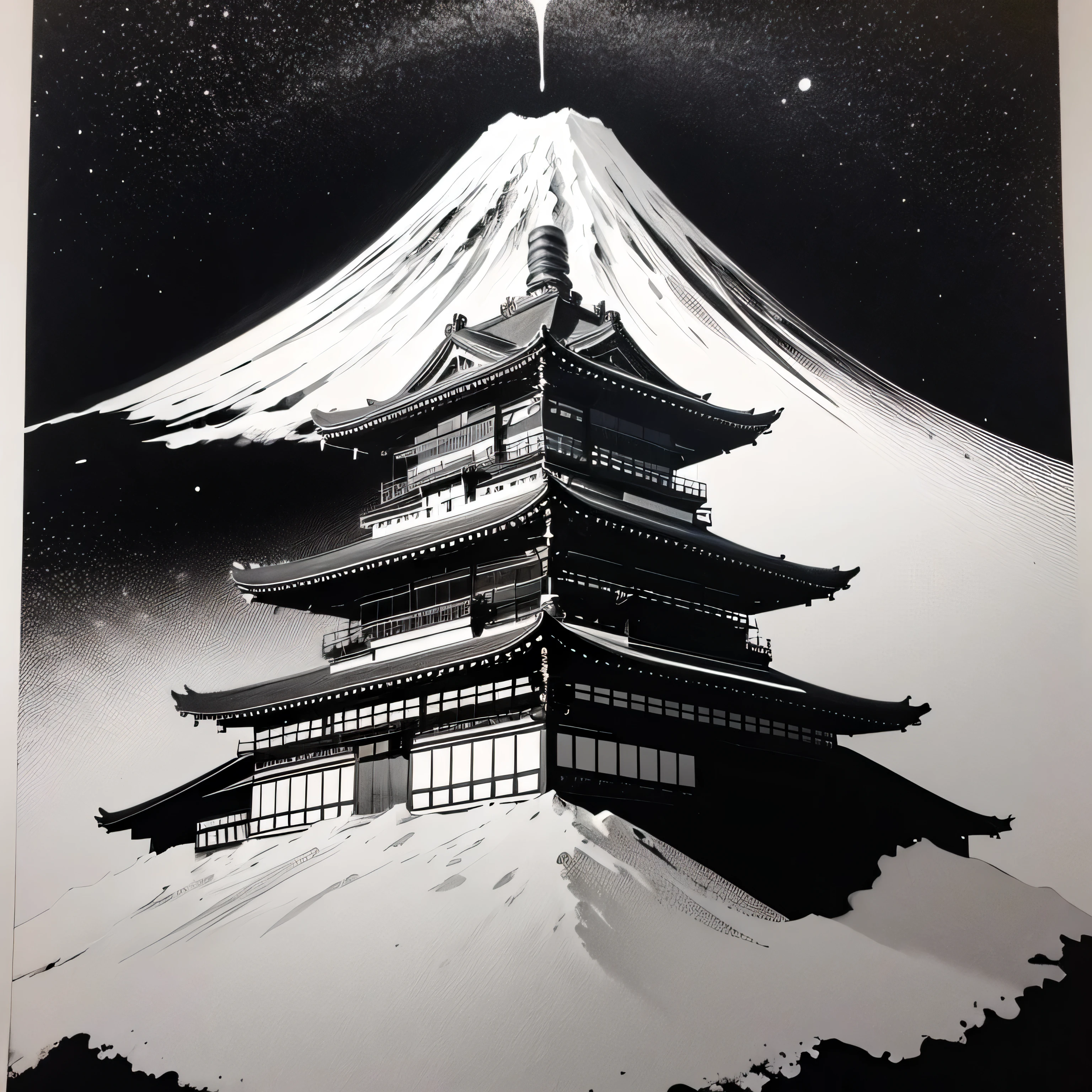 １The two big Mt. Fuji、small１Two Japanese three-storey castles、Large space、White background only、Black and White、A brushstroke