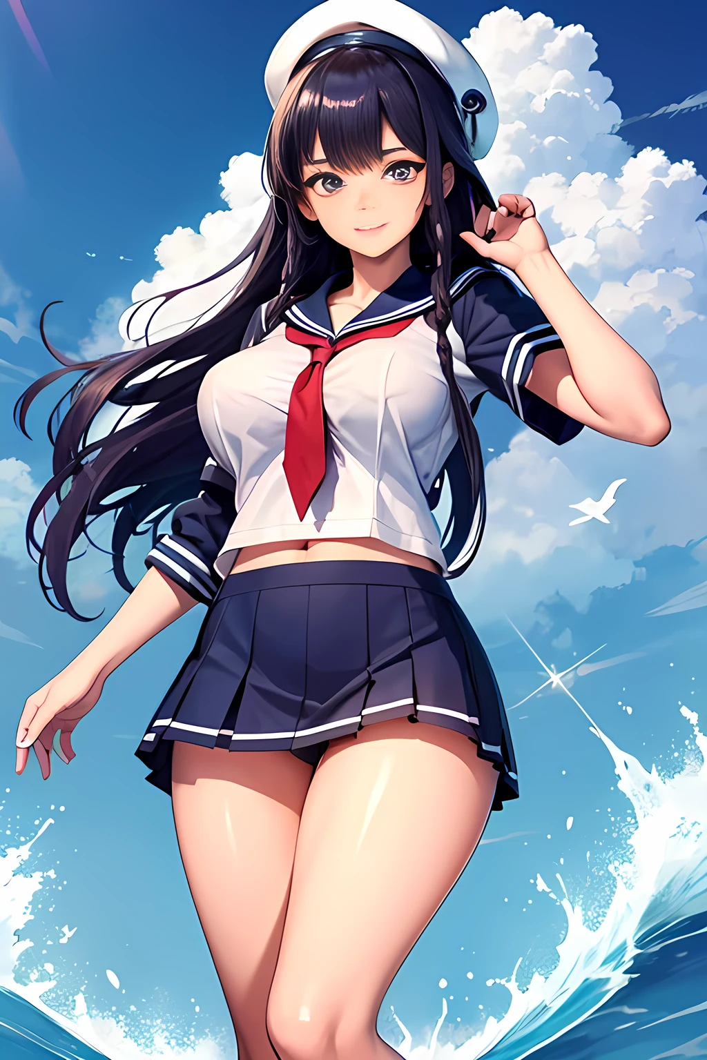 (High quality, High resolution, Fine details), Realistic, (navy), Sail ships, prow, Sunset, Sparkling water, white clouds, Solo, Slim woman, navy sailor hat, navy blue sailor uniform, Braided hair, Sparkling eyes, (Detailed eyes), Smile, Sweat, Oily skin, covered gigantic breasts, Hi3GB