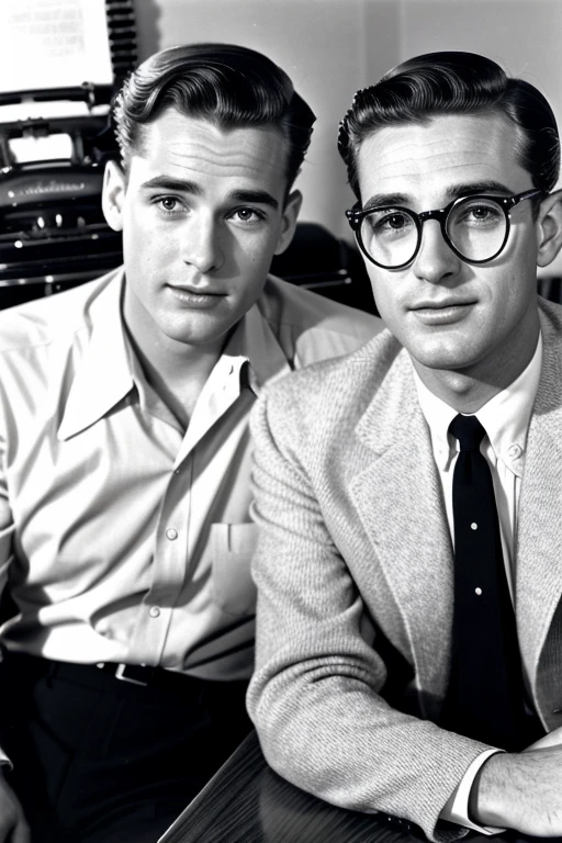 "((highly detailed, detailed eyes, detailed face, clear and realistic facial features, photorealistic, realistic light; cinematic)), (full body) 1950s editorial office setting, 1950s style, 2 handsome middle-aged men with 1950s style hair and clothes, camera, typewriter, drama romance"