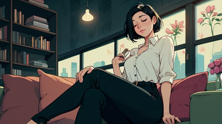 Beautiful woman in her 30s with short black hair is sitting on the sofa with her eyes closed. Looking up, eyes closed, LOFI girl, alone in the room, blouse, cozy wallpaper, big cushion, bookshelf, beautiful flowers, relaxing mood, night core, cozy, wide glass window with skyscrapers, outside view at night, only five fingers,Long legs, pants style