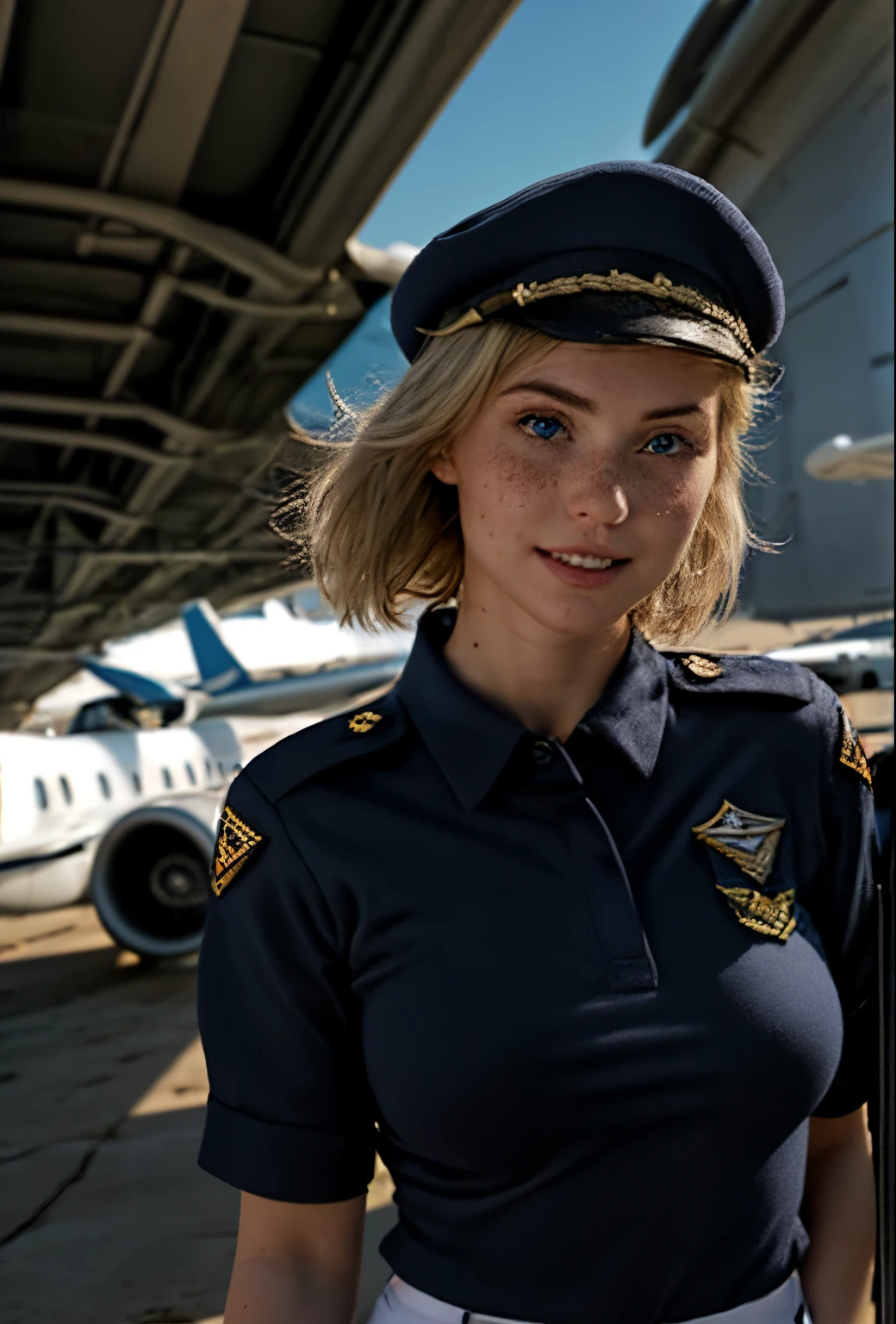 A 21-year-old girl named Kate, with short blonde hair, beautiful medium-sized breasts, 1.60m tall, with a British white style, and light blue eyes. Kate is beautiful, with an angelic face, and has freckles on her nose area. She is wearing a dark navy blue commercial female pilot uniform, with a commercial pilot cap on her head. Kate is standing in the aisle of a commercial airplane, with the airplane's aisle in the background.