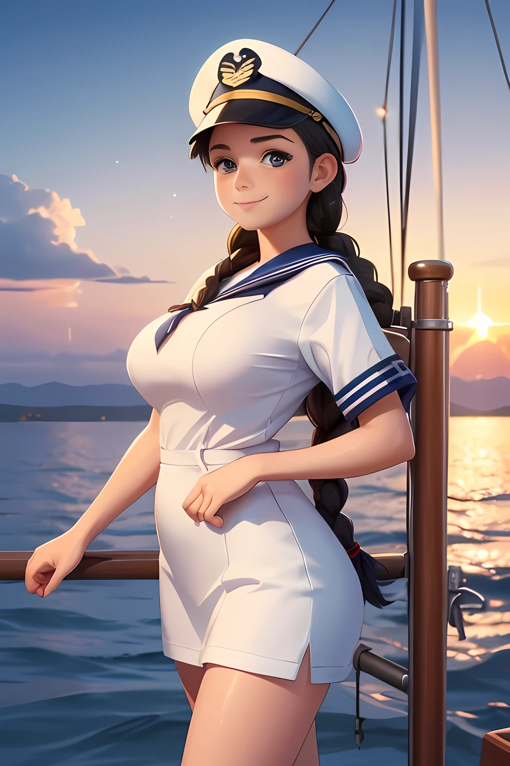 (High quality, High resolution, Fine details), Realistic, (navy), Sail ships, prow, Sunset, Sparkling water, white clouds, Solo, Slim woman, navy sailor hat, navy blue sailor uniform, Braided hair, Sparkling eyes, (Detailed eyes), Smile, Sweat, Oily skin, covered gigantic breasts, Hi3GB